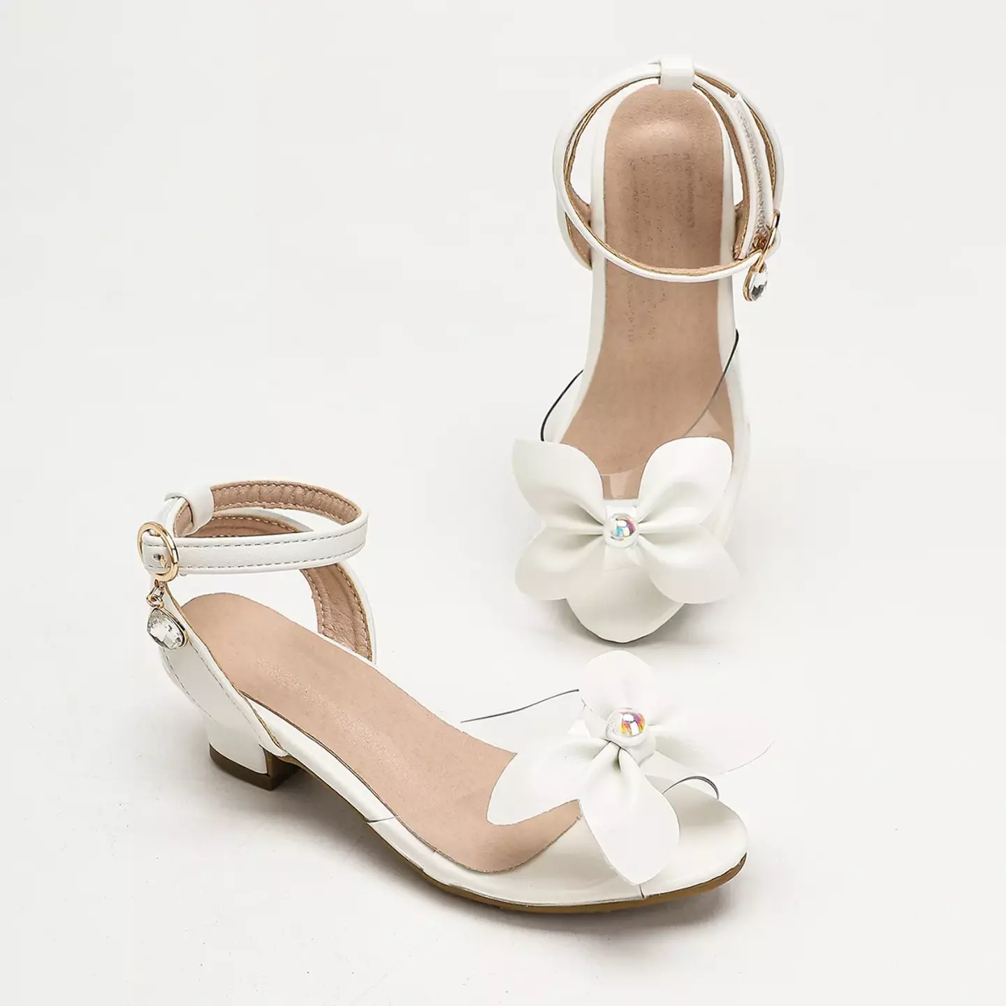 Young Girls & Girls White Four Petal Iridescent Centre Sandals | Lucys 12128