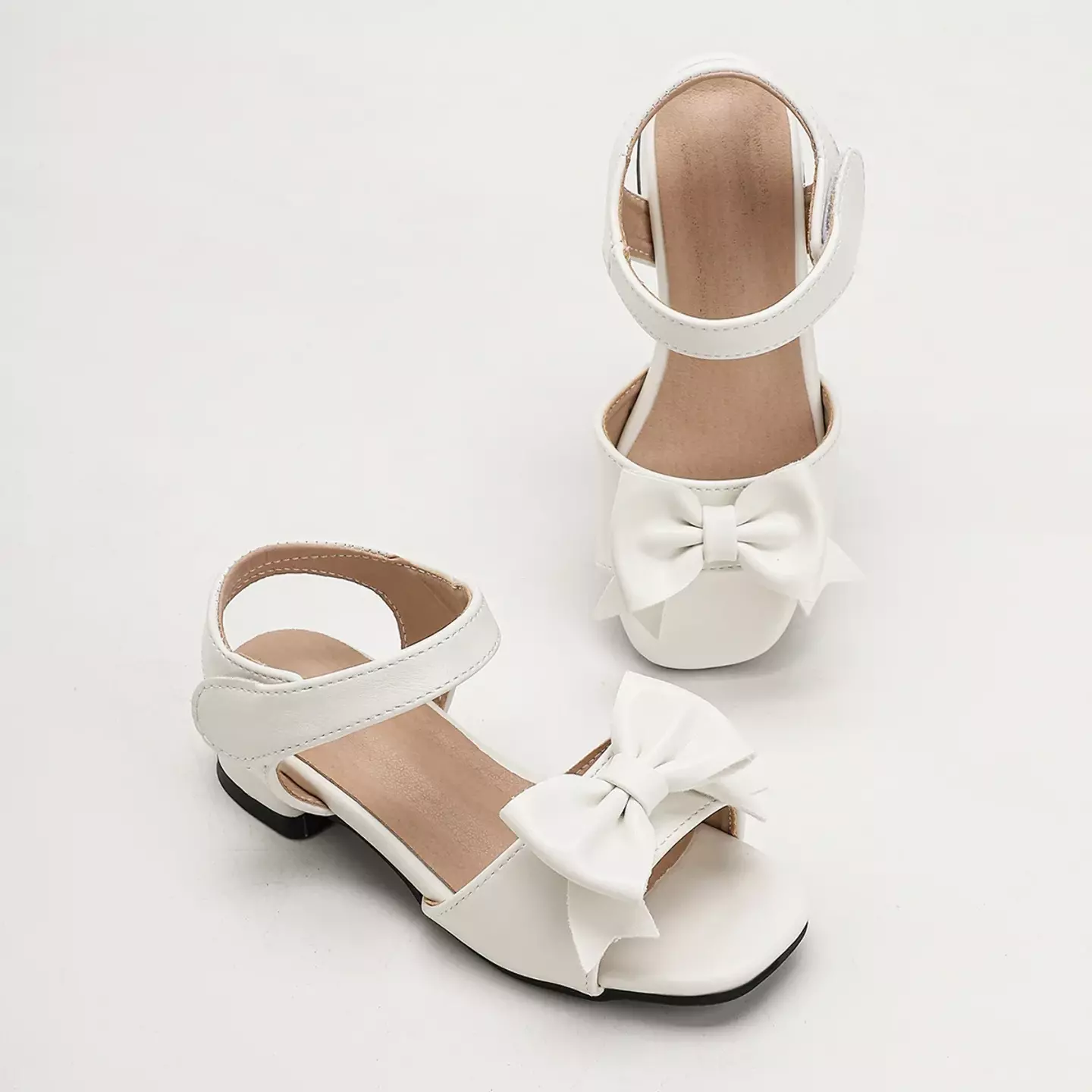 Young Girls & Girls White Notched Tail Bow Ankle Strap Sandals | Lucys 12140