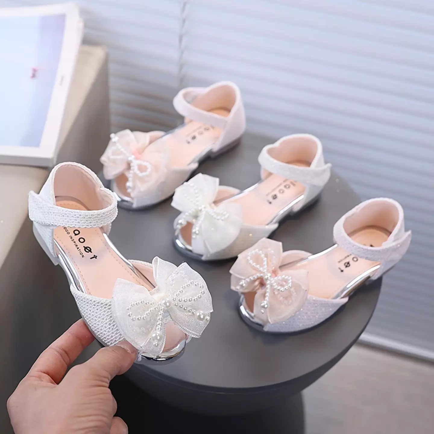 Baby, Toddler & Young Girls Pink Pearl Loop Bow Ankle Strap Sandals | Lucys 12157