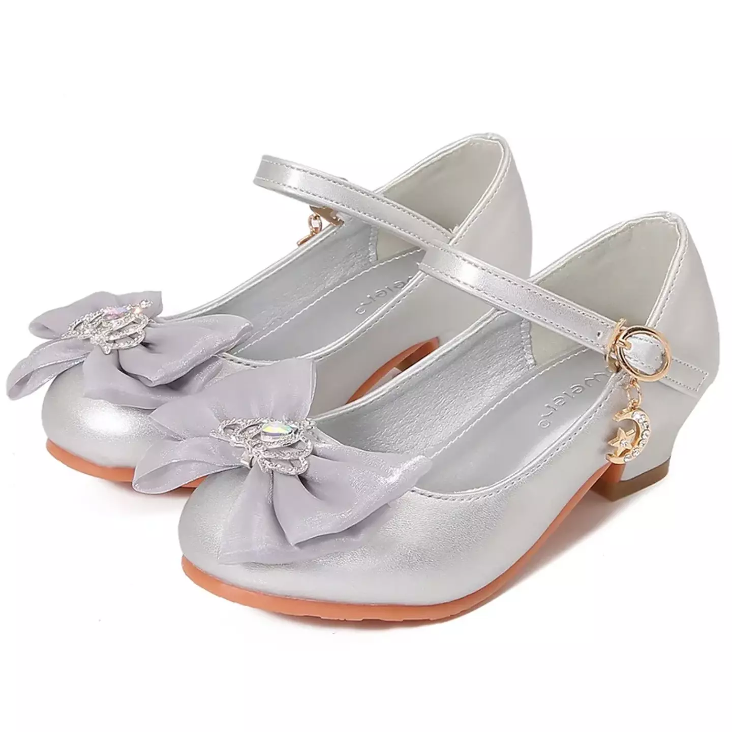 Baby, Toddler & Young Girls Silver Crown Centre Bow Moon Charm Dress Shoes | Lucys 12166