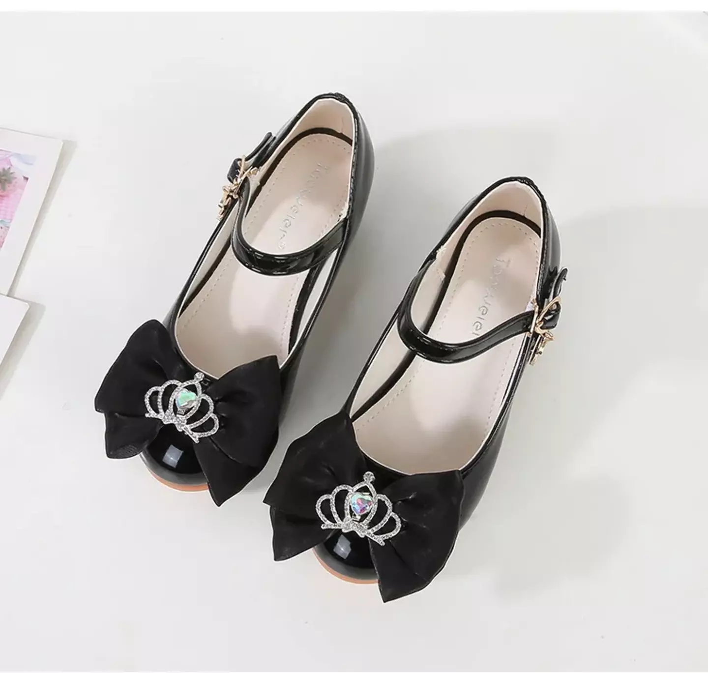 Baby, Toddler & Young Girls Black Crown Centre Bow Moon Charm Dress Shoes | Lucys 12165