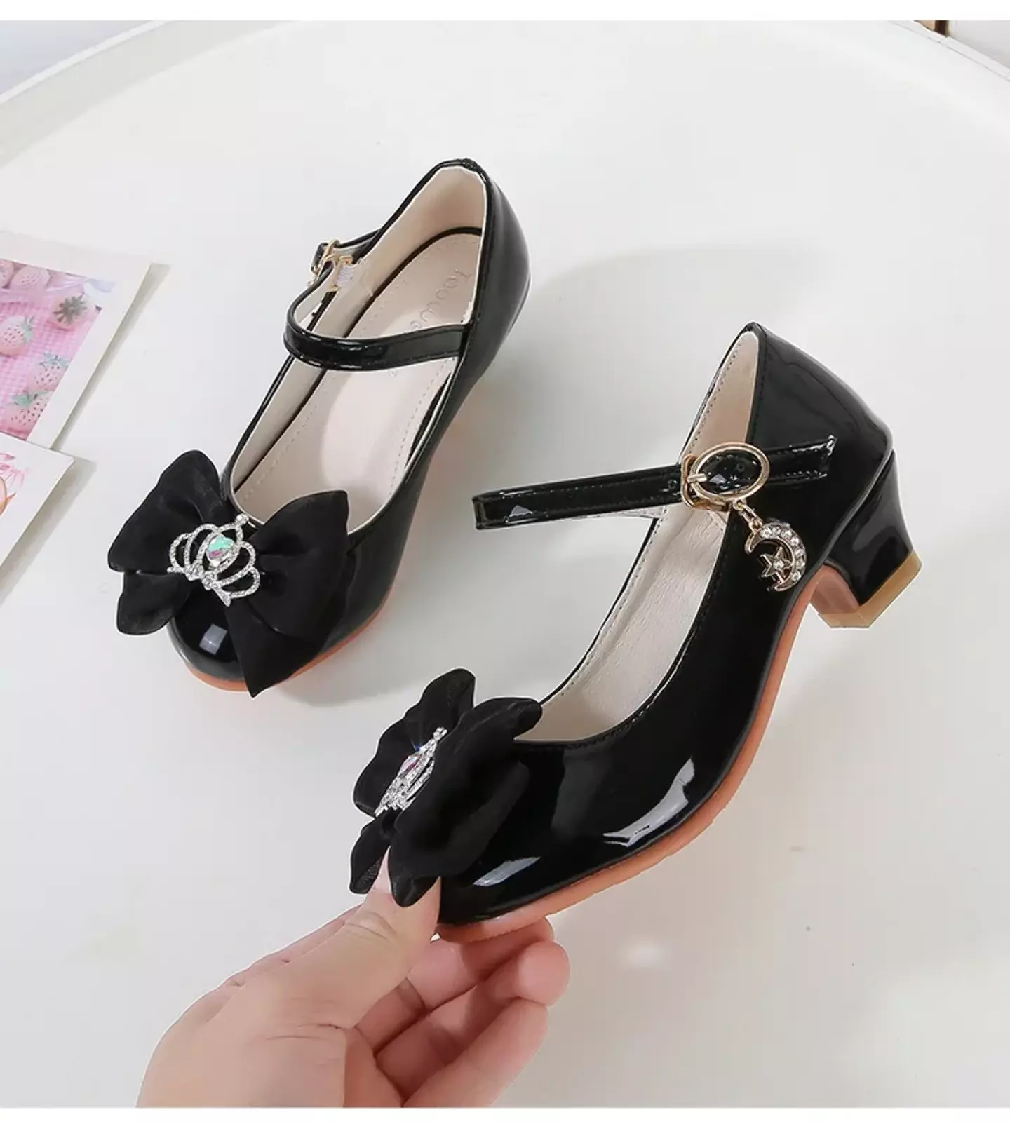 Baby, Toddler & Young Girls Black Crown Centre Bow Moon Charm Dress Shoes | Lucys 12165
