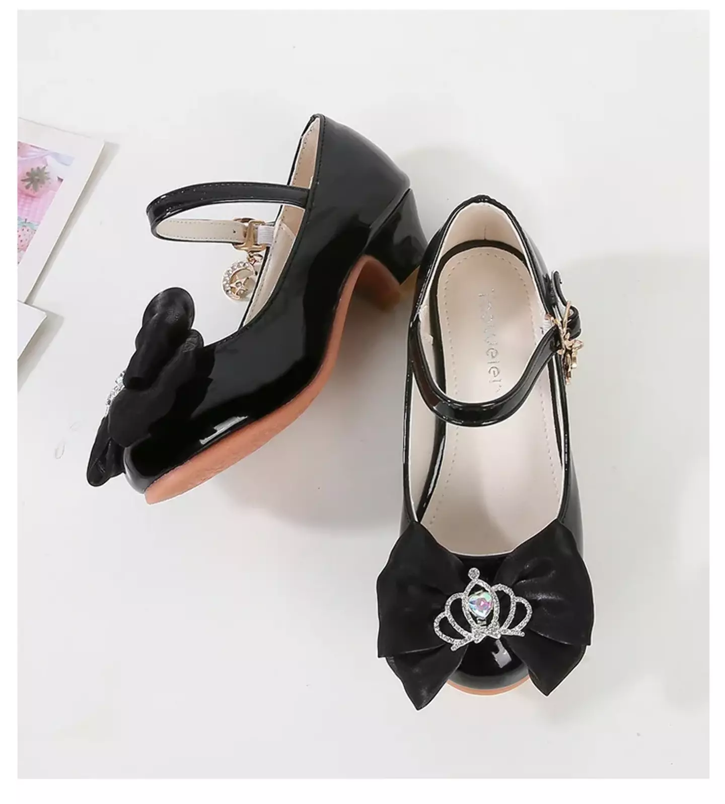 Baby, Toddler & Young Girls Black Crown Centre Bow Moon Charm Dress Shoes | Lucys 12165
