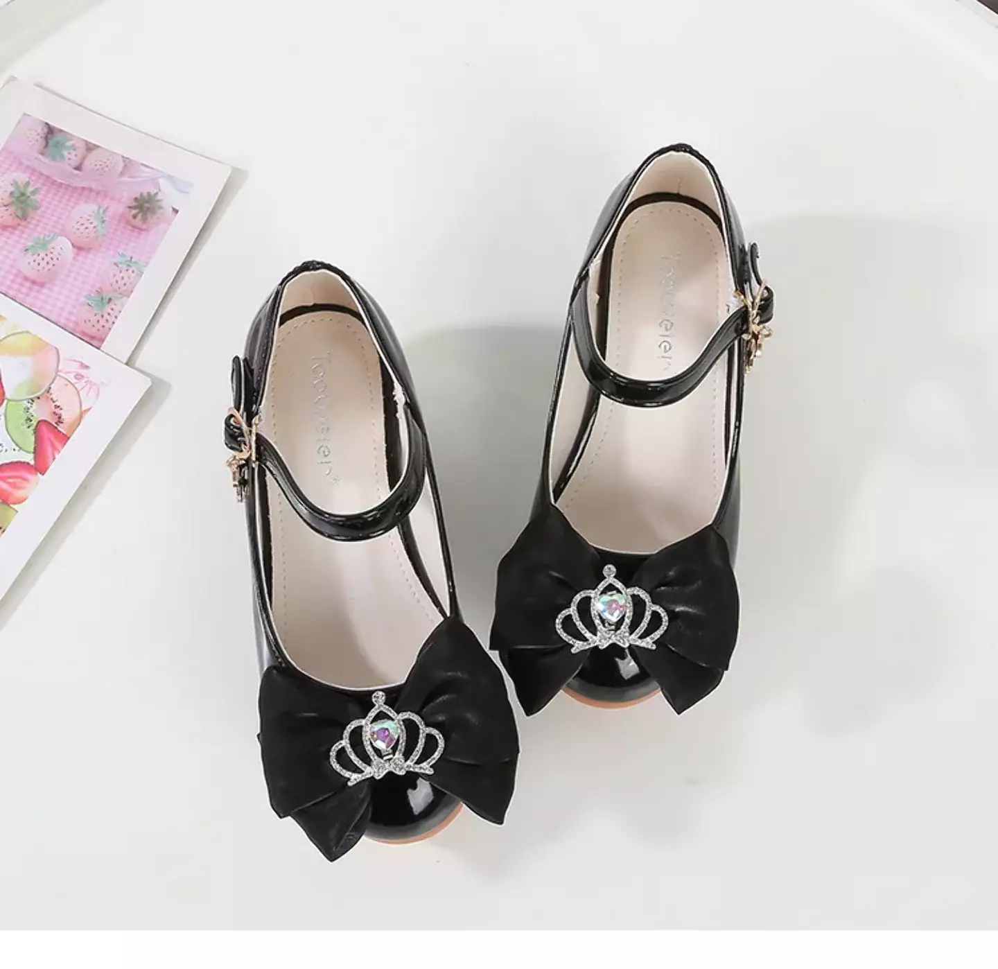 Baby, Toddler & Young Girls Black Crown Centre Bow Moon Charm Dress Shoes | Lucys 12165