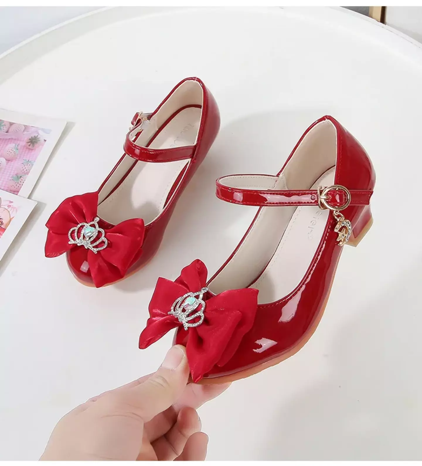 Baby, Toddler & Young Girls Maroon Crown Centre Bow Moon Charm Dress Shoes | Lucys 12164