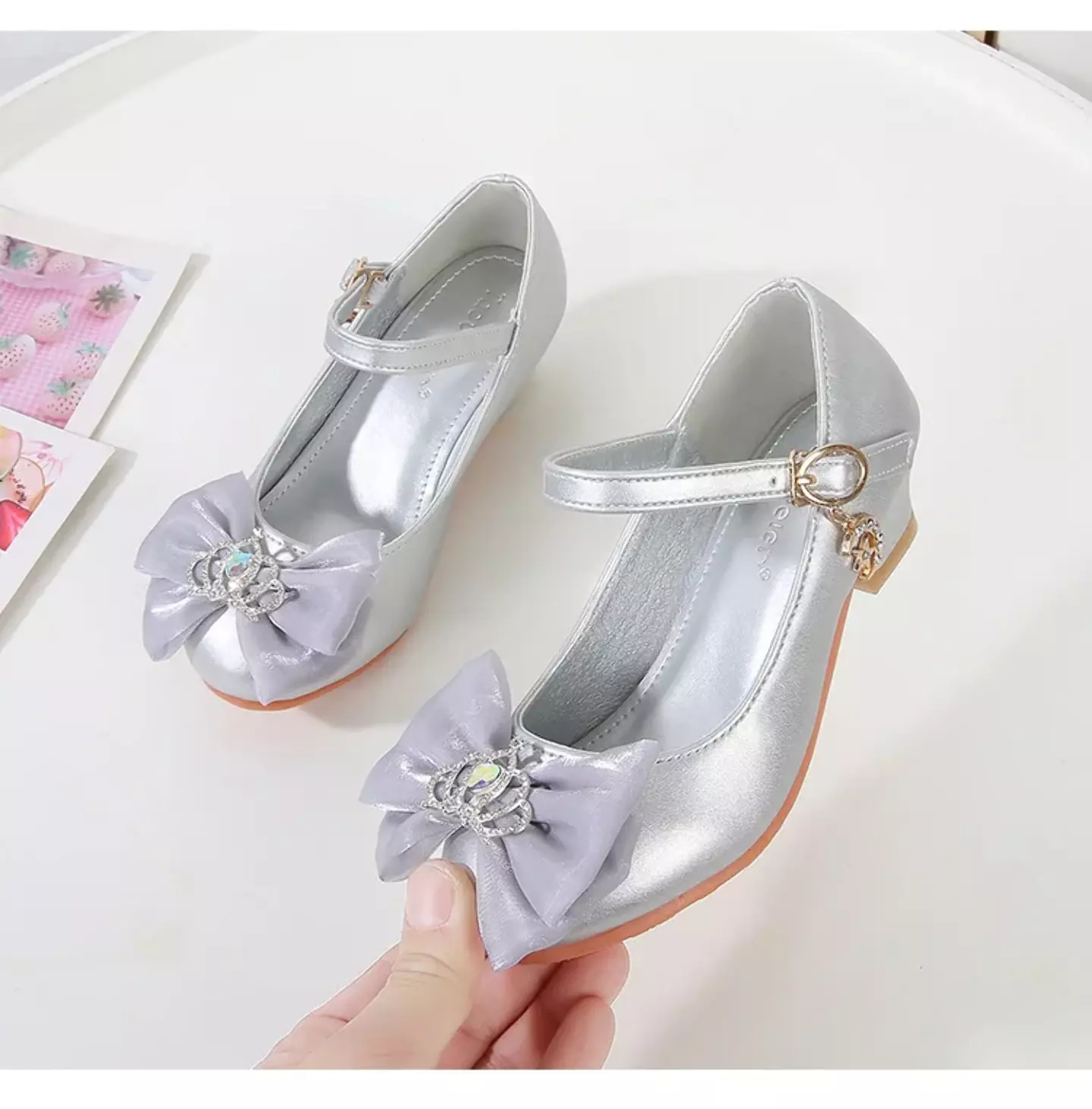 Baby, Toddler & Young Girls Silver Crown Centre Bow Moon Charm Dress Shoes | Lucys 12166