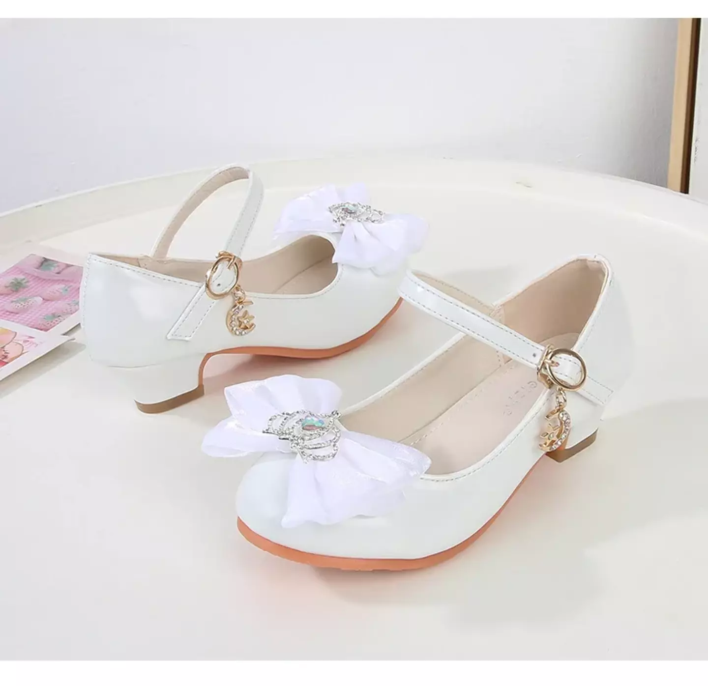 Baby, Toddler & Young Girls White Crown Centre Bow Moon Charm Dress Shoes | Lucys 12167