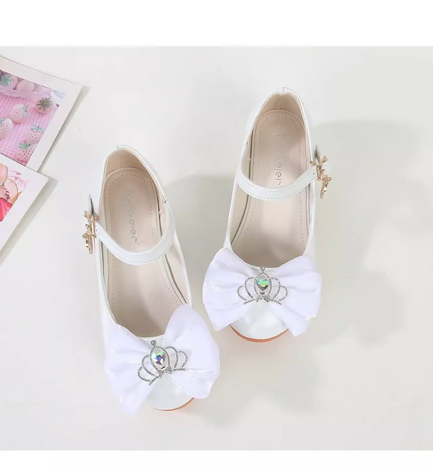 Baby, Toddler & Young Girls White Crown Centre Bow Moon Charm Dress Shoes | Lucys 12167