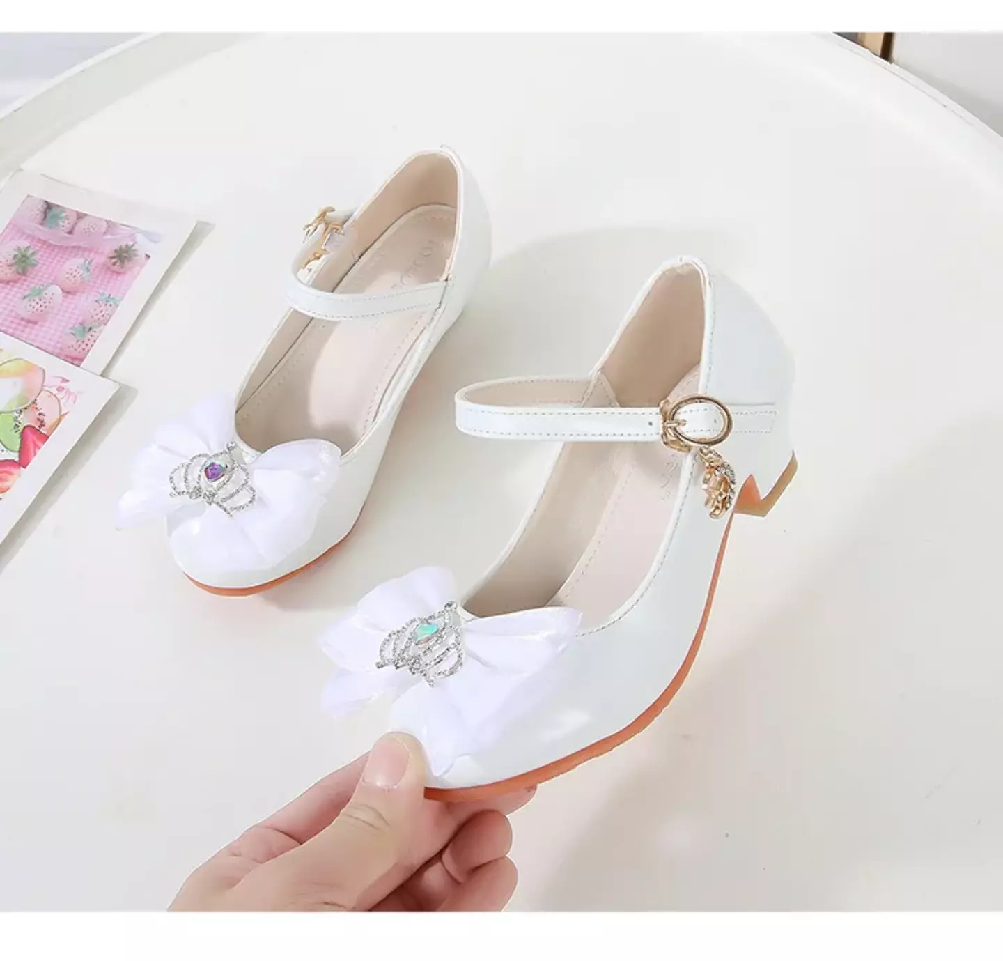 Baby, Toddler & Young Girls White Crown Centre Bow Moon Charm Dress Shoes | Lucys 12167