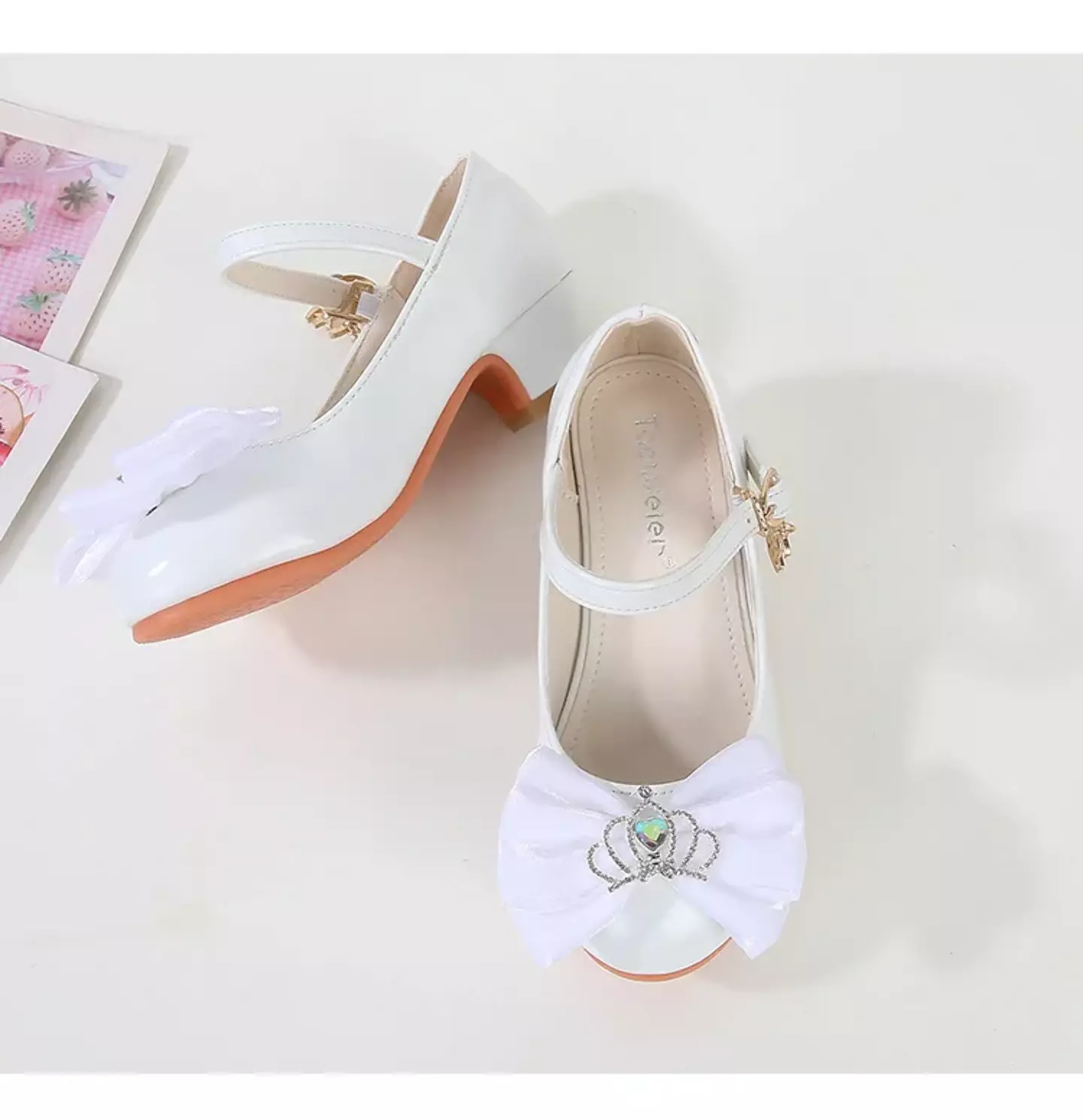 Baby, Toddler & Young Girls White Crown Centre Bow Moon Charm Dress Shoes | Lucys 12167