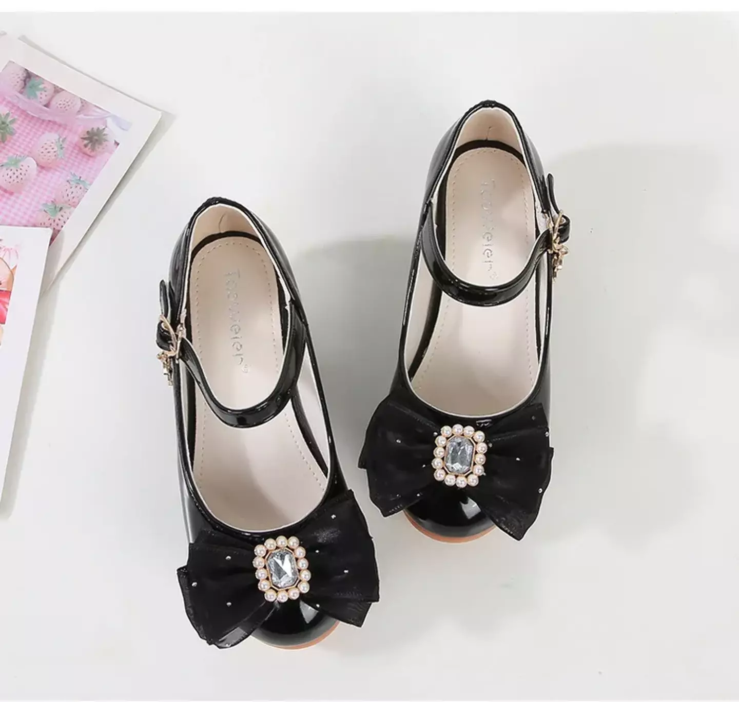 Baby, Toddler & Young Girls Black Pearl Frame Gem Bow Moon Charm Dress Shoes | Lucys 12181