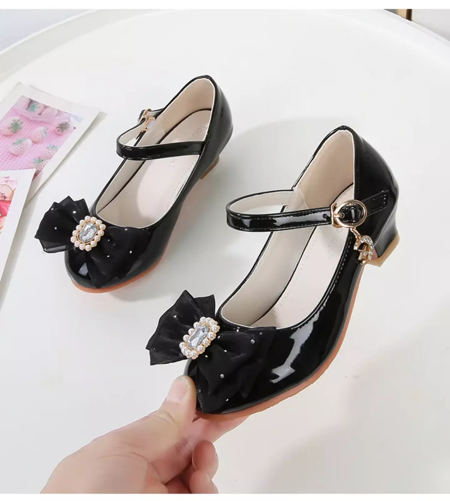 Baby, Toddler & Young Girls Black Pearl Frame Gem Bow Moon Charm Dress Shoes | Lucys 12181