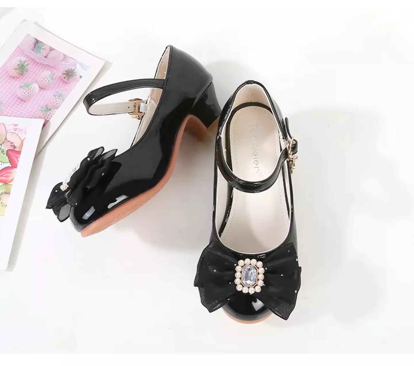 Baby, Toddler & Young Girls Black Pearl Frame Gem Bow Moon Charm Dress Shoes | Lucys 12181