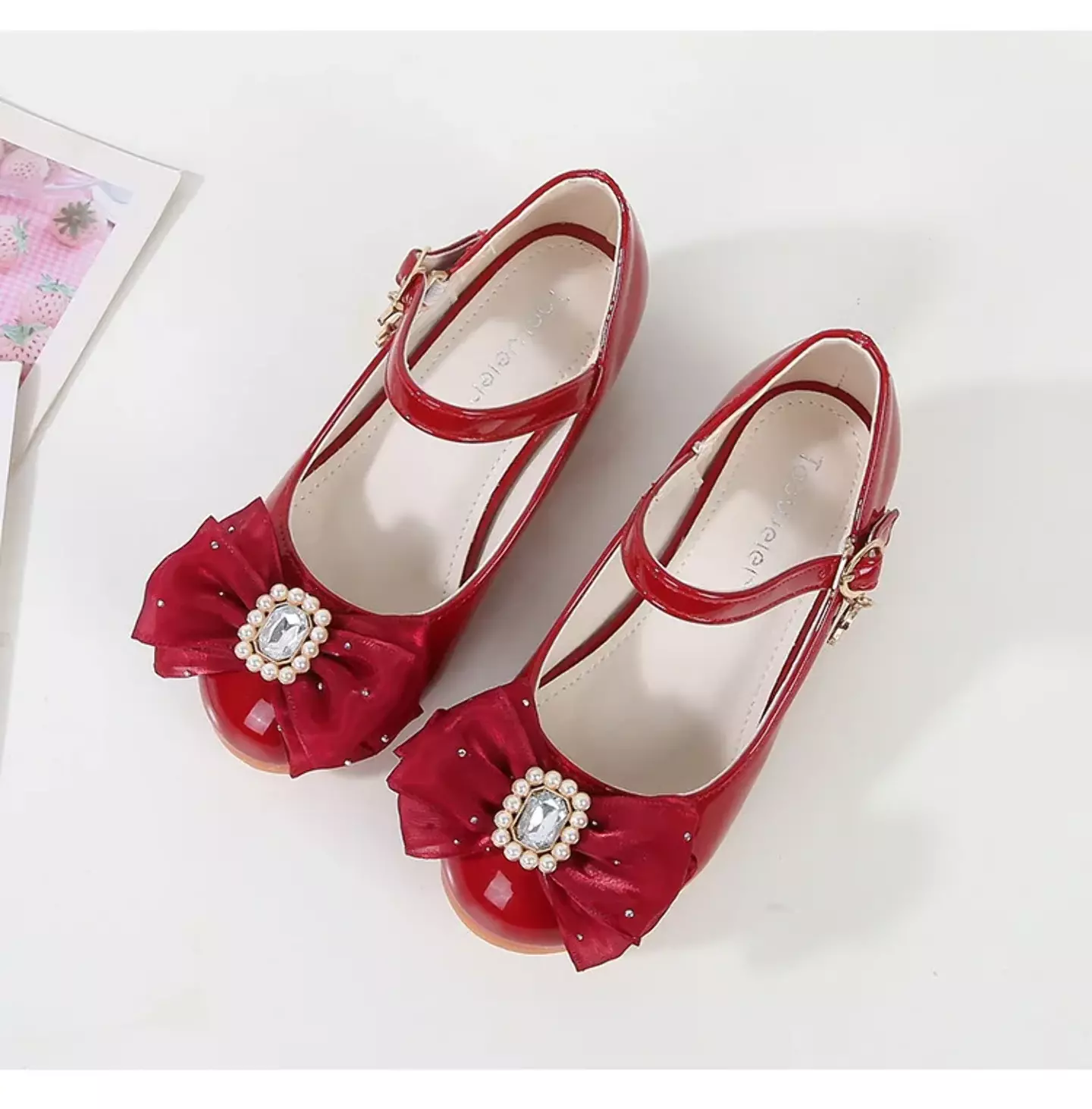 Baby, Toddler & Young Girls Maroon Pearl Frame Gem Bow Moon Charm Dress Shoes | Lucys 12180