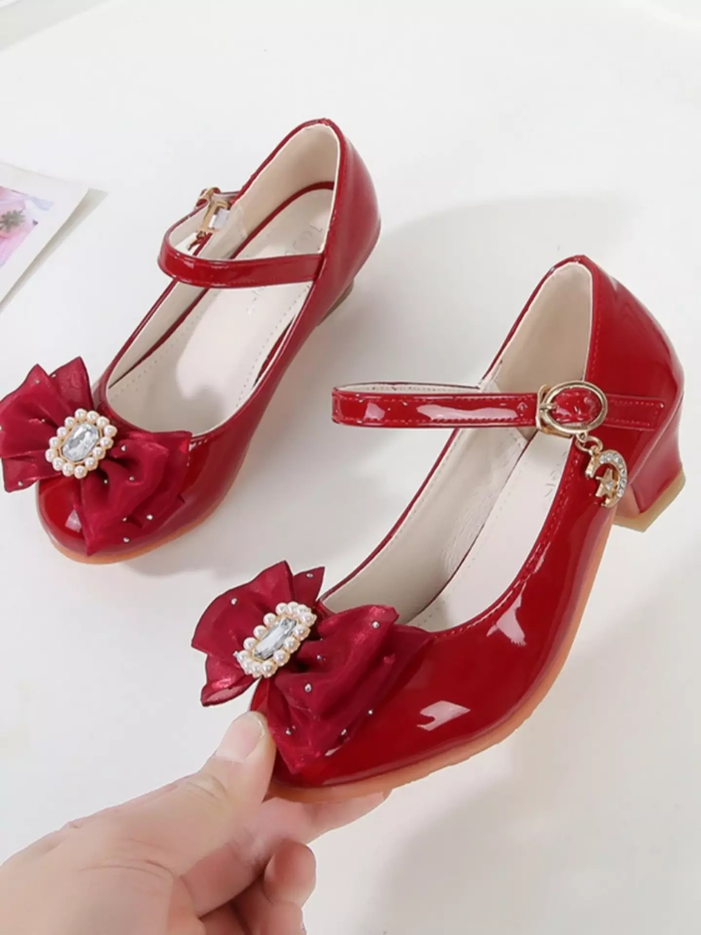 Baby, Toddler & Young Girls Maroon Pearl Frame Gem Bow Moon Charm Dress Shoes | Lucys 12180