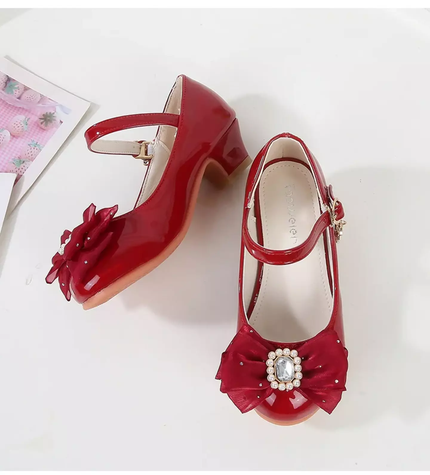 Baby, Toddler & Young Girls Maroon Pearl Frame Gem Bow Moon Charm Dress Shoes | Lucys 12180