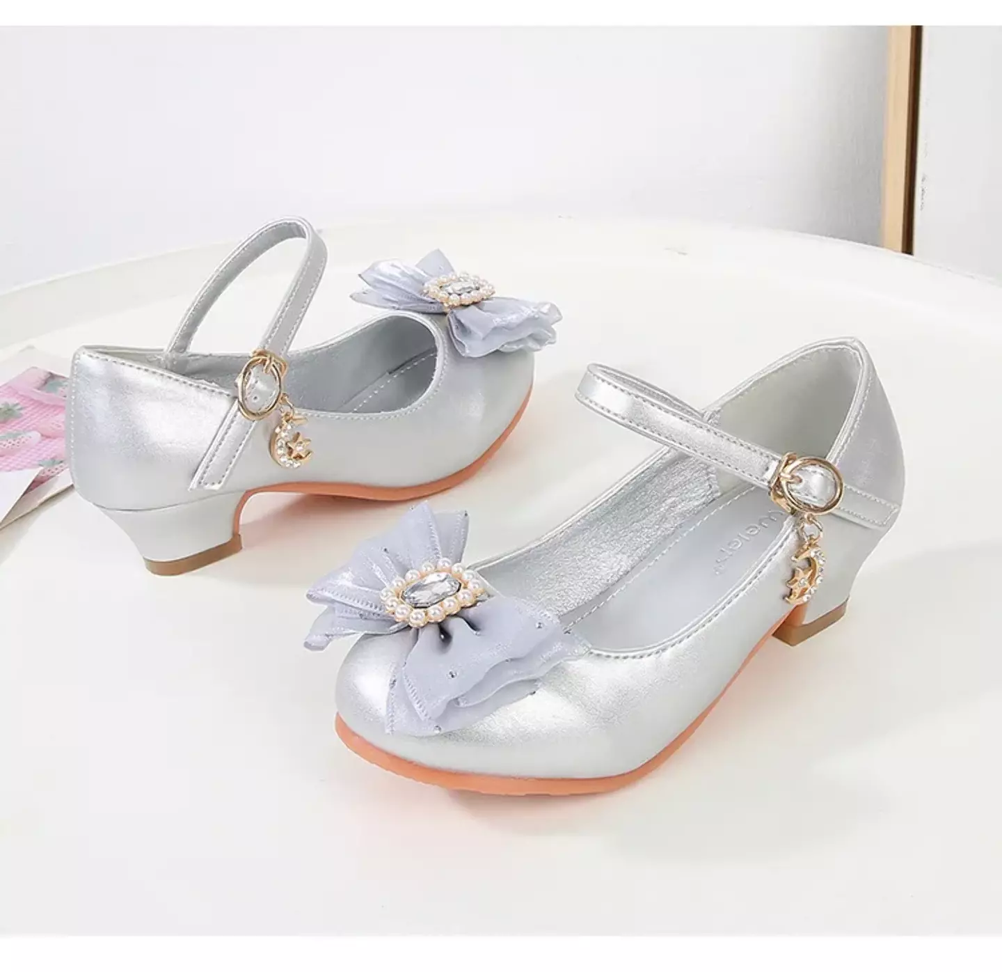 Baby, Toddler & Young Girls Silver Pearl Frame Gem Bow Moon Charm Dress Shoes | Lucys 12182