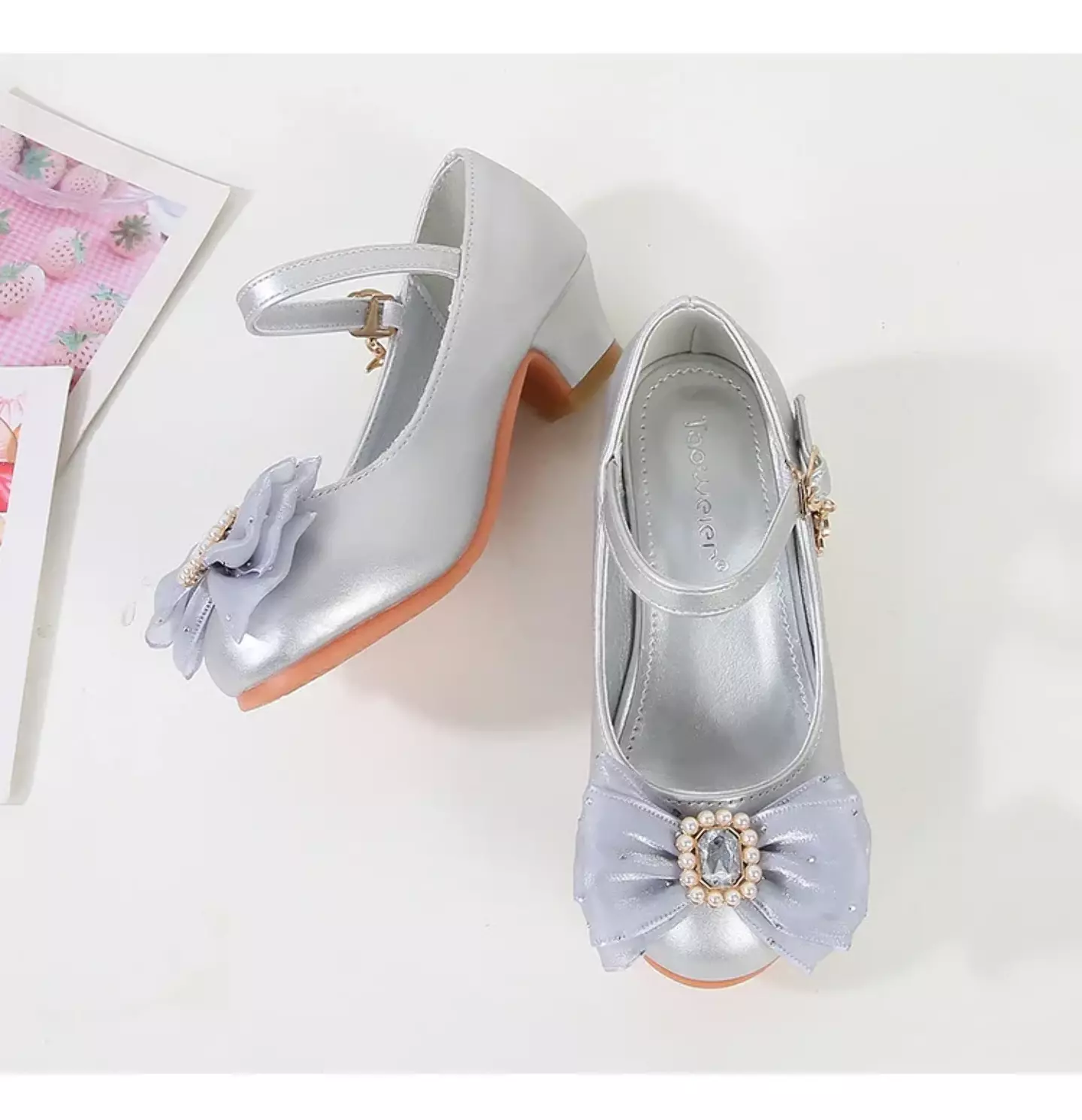 Baby, Toddler & Young Girls Silver Pearl Frame Gem Bow Moon Charm Dress Shoes | Lucys 12182