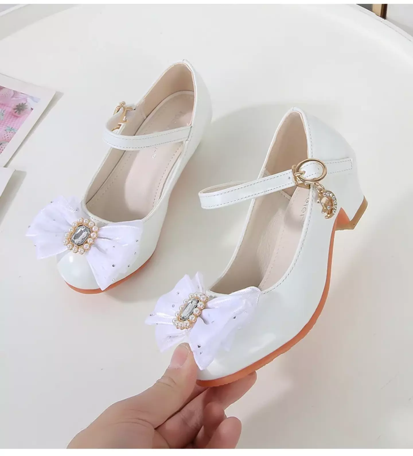 Baby, Toddler & Young Girls White Pearl Frame Gem Bow Moon Charm Dress Shoes | Lucys 12183