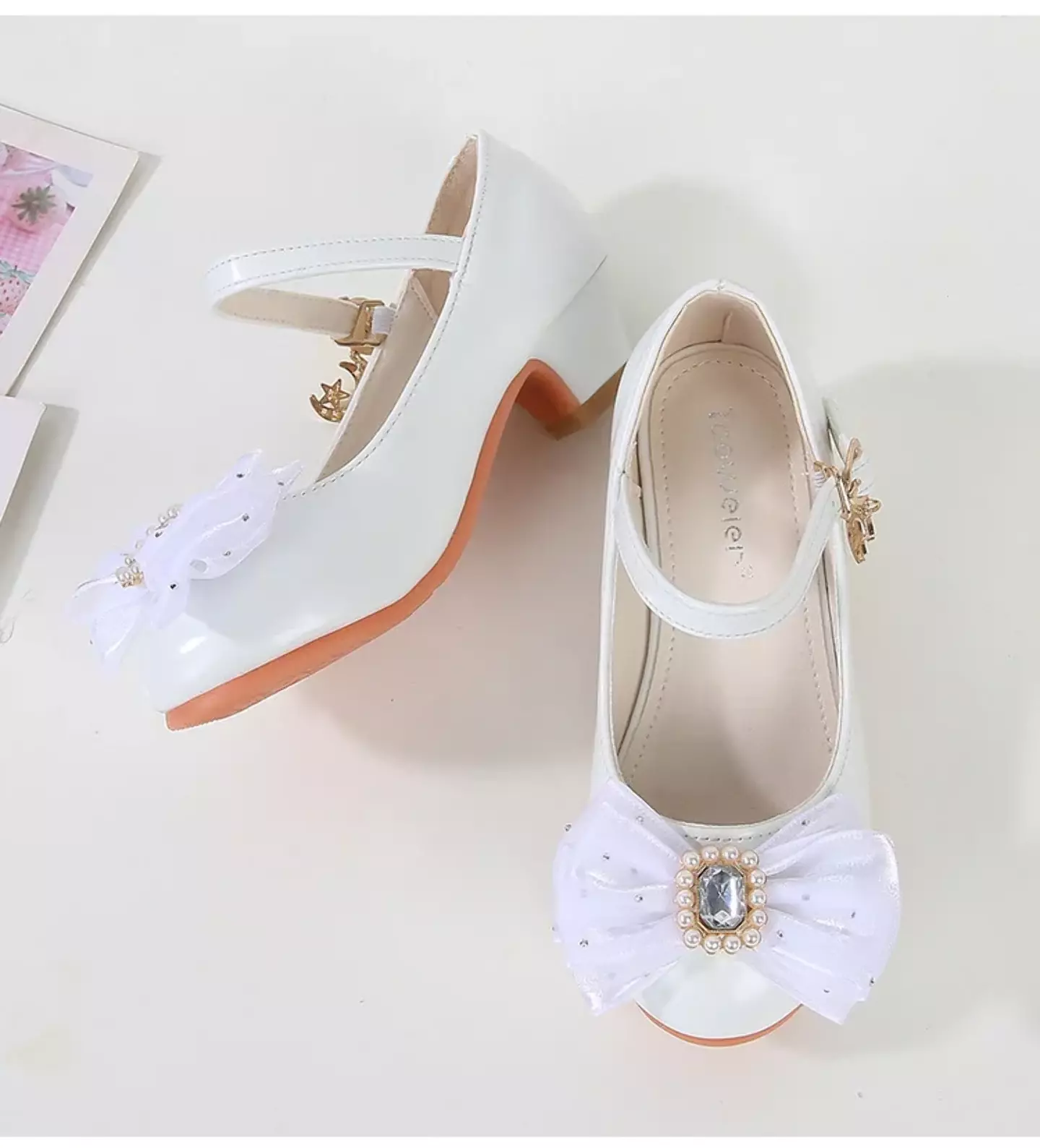 Baby, Toddler & Young Girls White Pearl Frame Gem Bow Moon Charm Dress Shoes | Lucys 12183