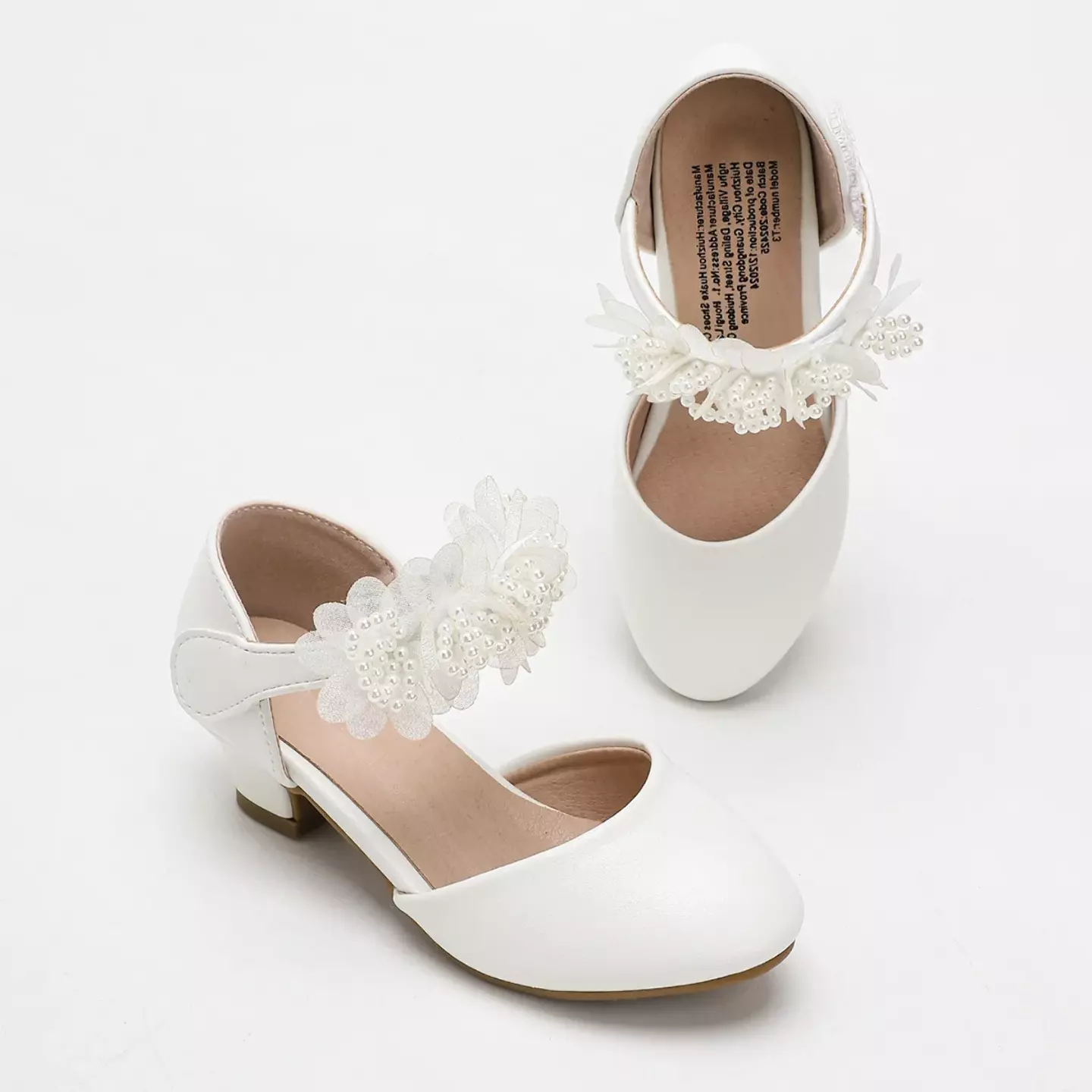 Young Girls & Girls White Flower Strap Curved Heel Dress Shoes | Lucys 12232