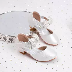 Young Girls & Girls White Bead Covered Ankle Bow Dress Shoes | Lucys 12240