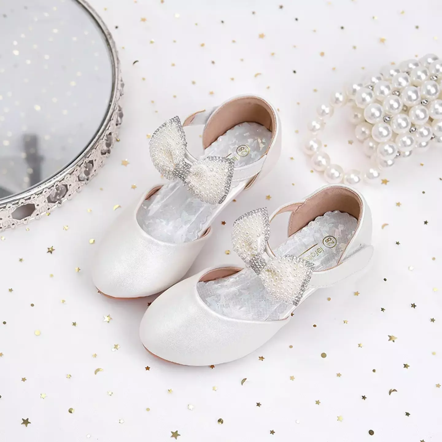 Young Girls & Girls White Bead Covered Ankle Bow Dress Shoes | Lucys 12240