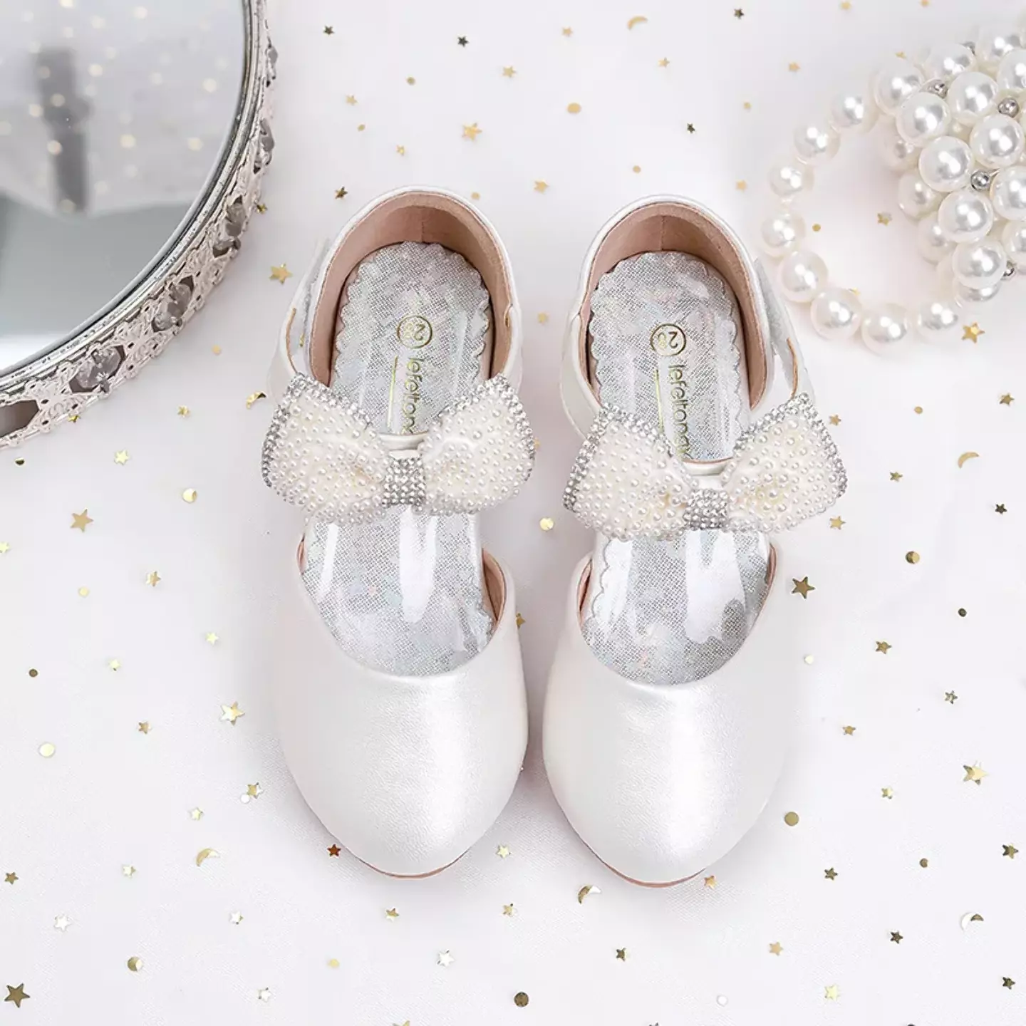 Young Girls & Girls White Bead Covered Ankle Bow Dress Shoes | Lucys 12240