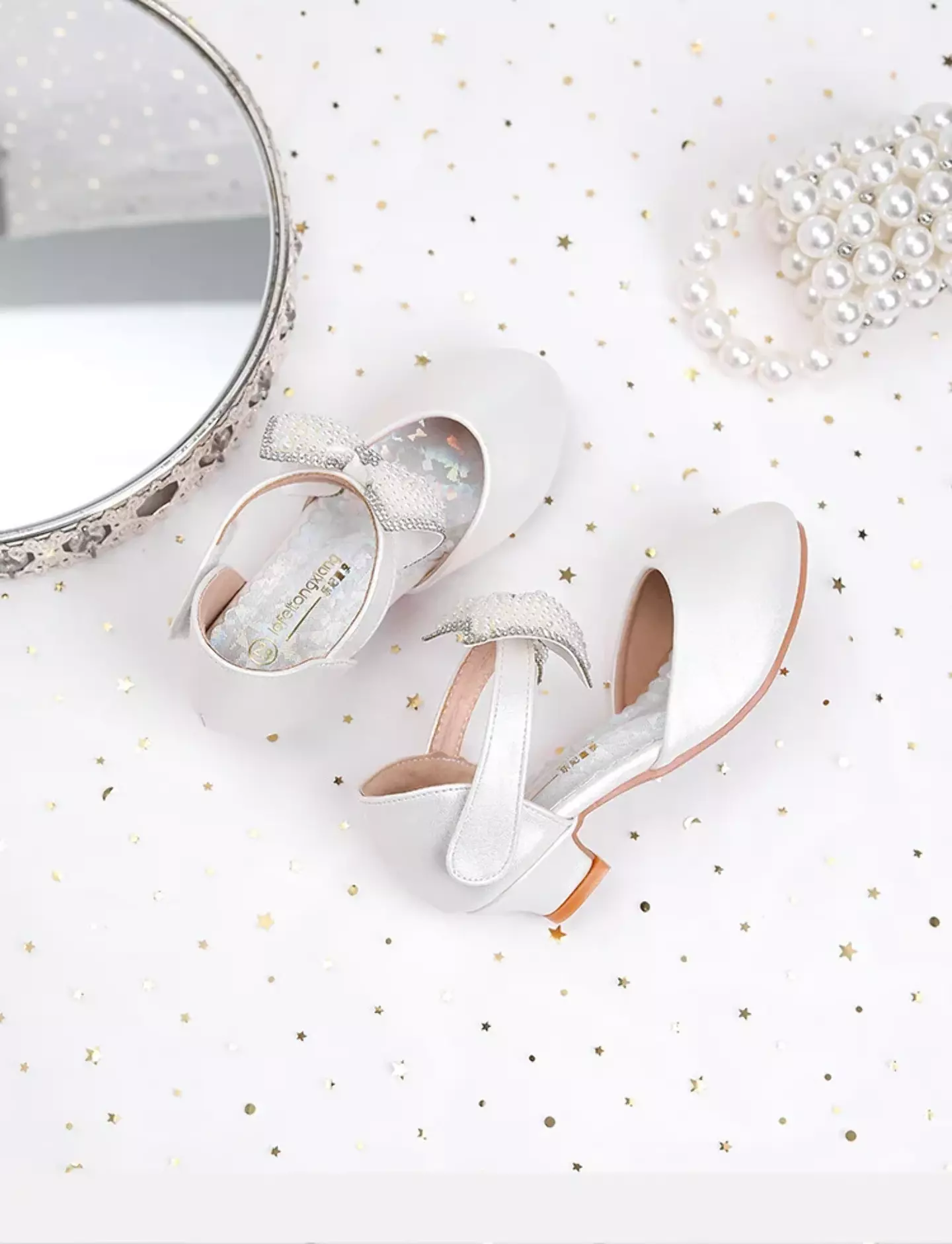 Young Girls & Girls White Bead Covered Ankle Bow Dress Shoes | Lucys 12240