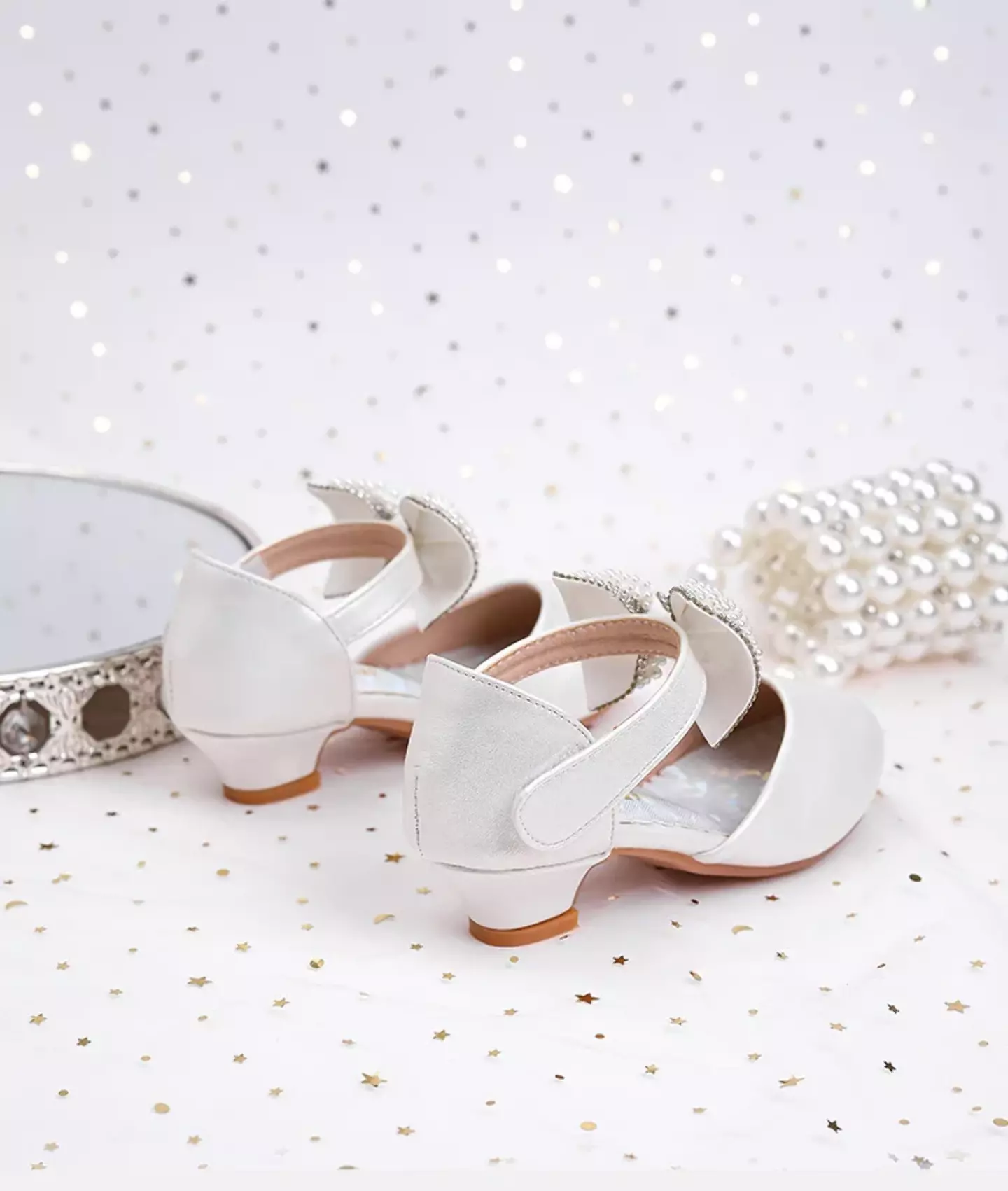 Young Girls & Girls White Bead Covered Ankle Bow Dress Shoes | Lucys 12240