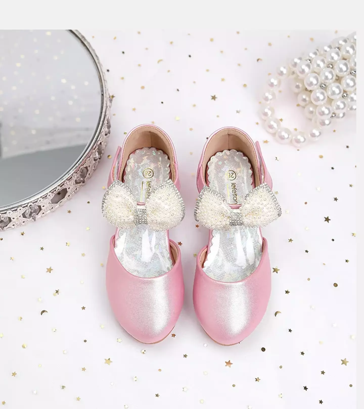Young Girls & Girls Pink Bead Covered Ankle Bow Dress Shoes | Lucys 12241