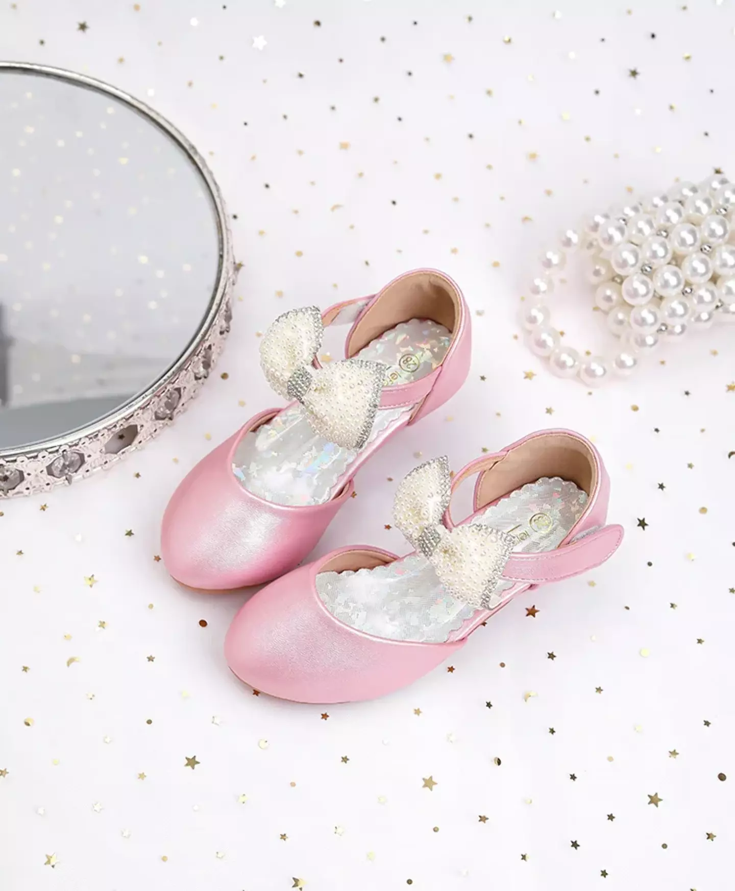 Young Girls & Girls Pink Bead Covered Ankle Bow Dress Shoes | Lucys 12241