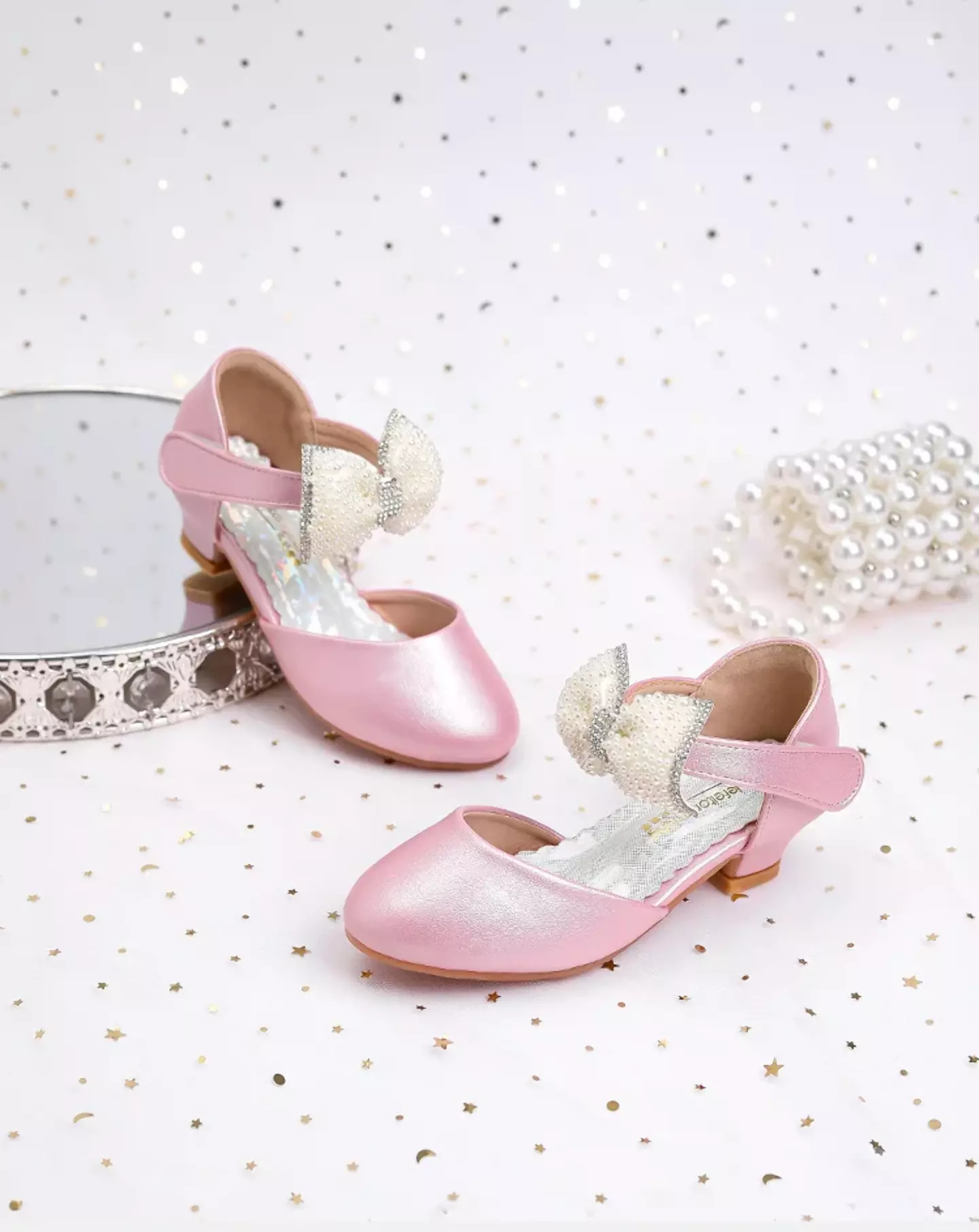 Young Girls & Girls Pink Bead Covered Ankle Bow Dress Shoes | Lucys 12241