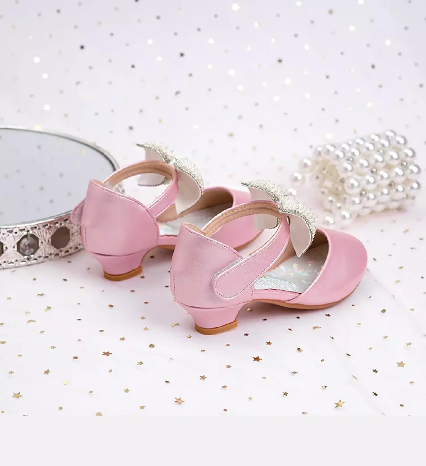 Young Girls & Girls Pink Bead Covered Ankle Bow Dress Shoes | Lucys 12241