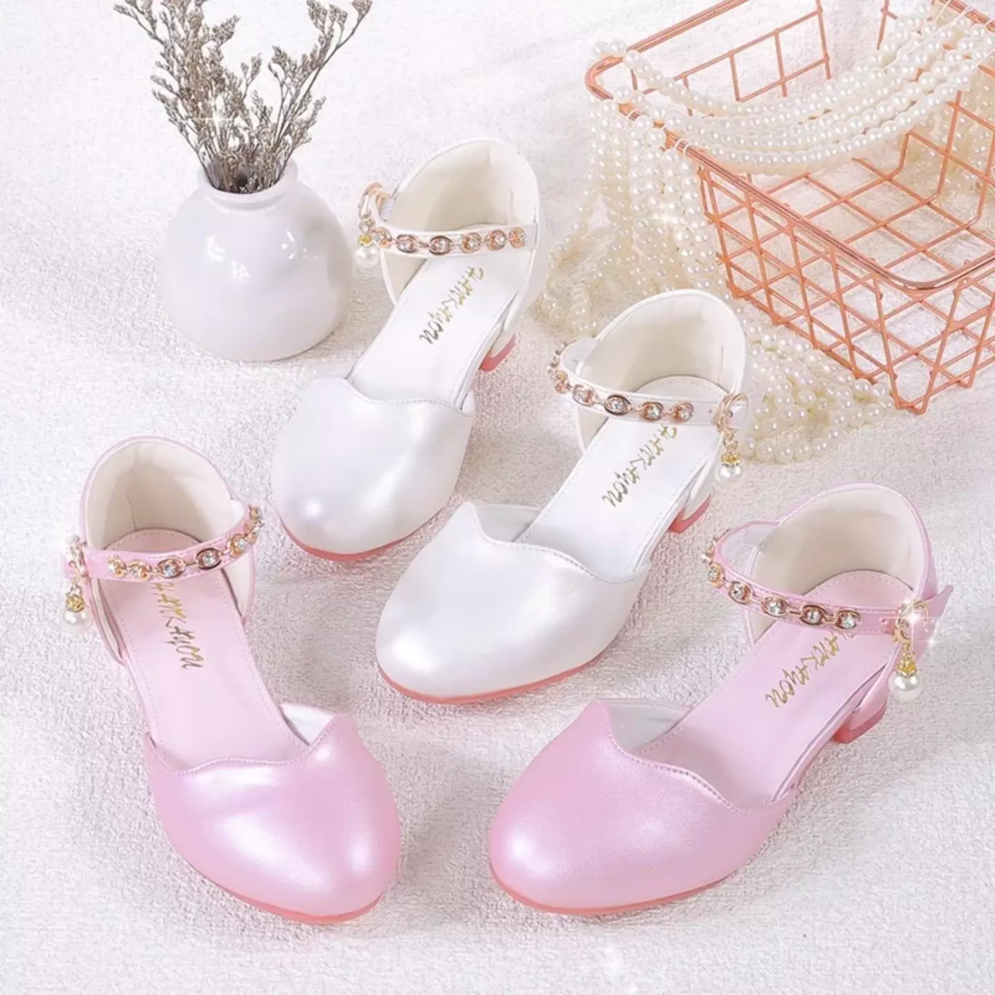 Young Girls & Girls Pink Gem Ring Strap Pearl Drop Dress Shoes | Lucys 12249