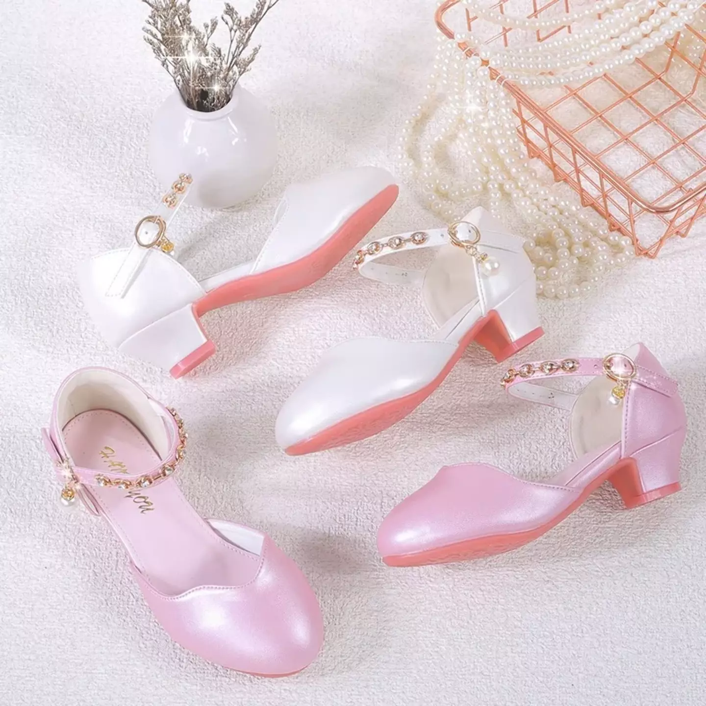 Young Girls & Girls Pink Gem Ring Strap Pearl Drop Dress Shoes | Lucys 12249