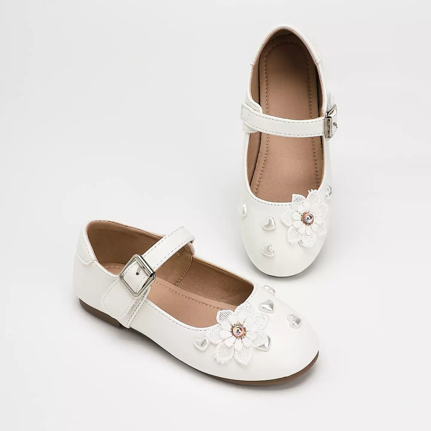 Young Girls & Girls White Heart Stud Open Petal Mary Jane Dress Shoes | Lucys 12268
