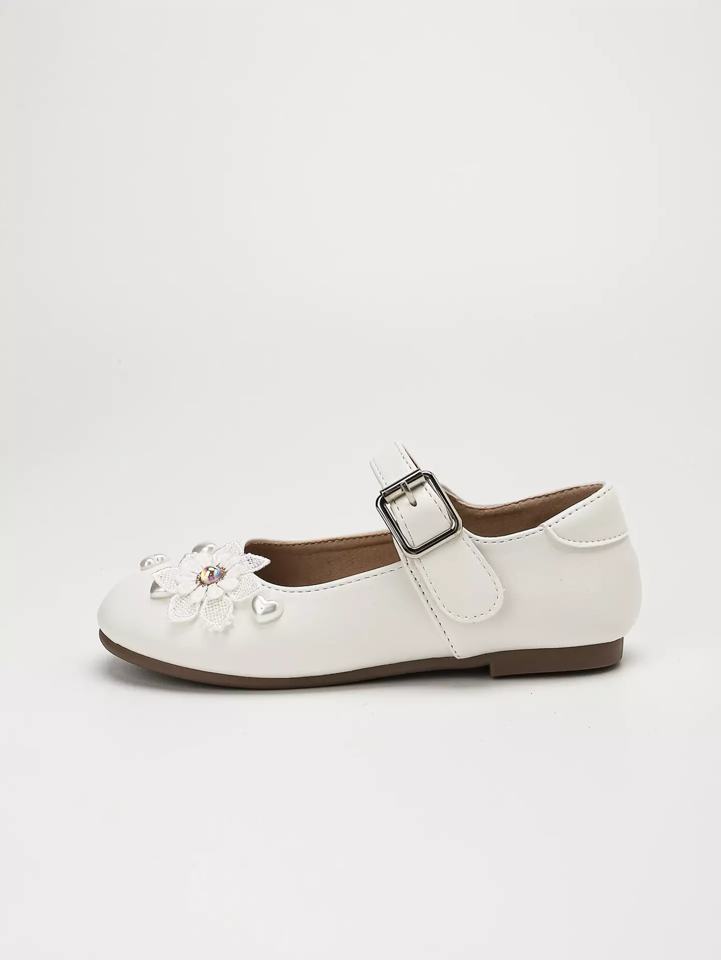 Young Girls & Girls White Heart Stud Open Petal Mary Jane Dress Shoes | Lucys 12268
