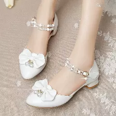 Young Girls & Girls White Double Row Pearl Strap Bow Dress Shoes | Lucys 12285