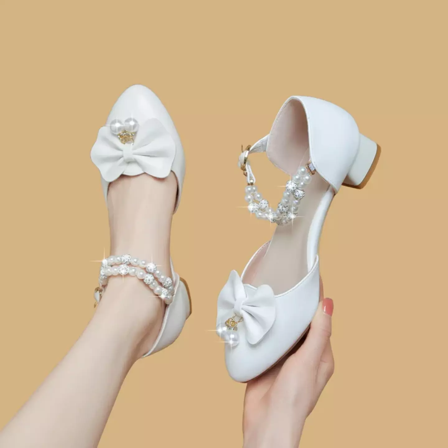 Young Girls & Girls White Double Row Pearl Strap Bow Dress Shoes | Lucys 12285