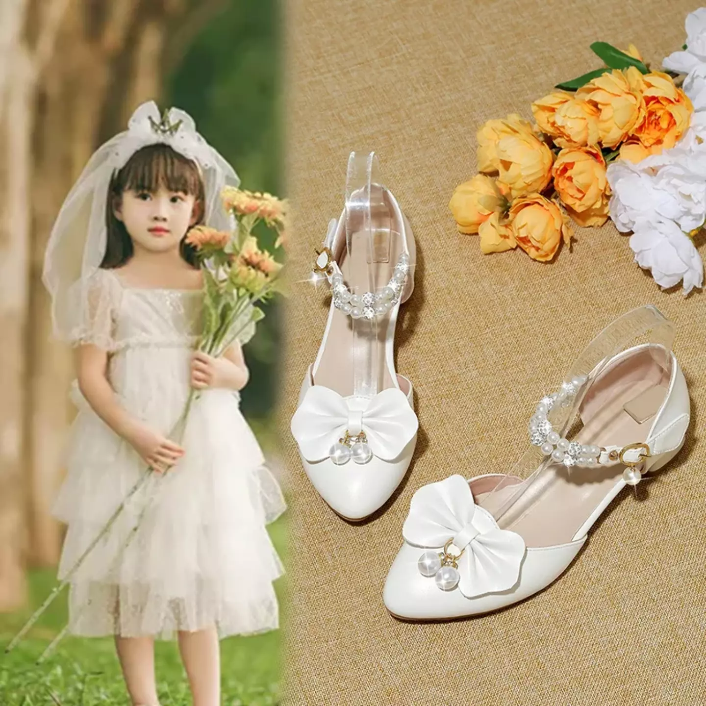 Young Girls & Girls White Double Row Pearl Strap Bow Dress Shoes | Lucys 12285