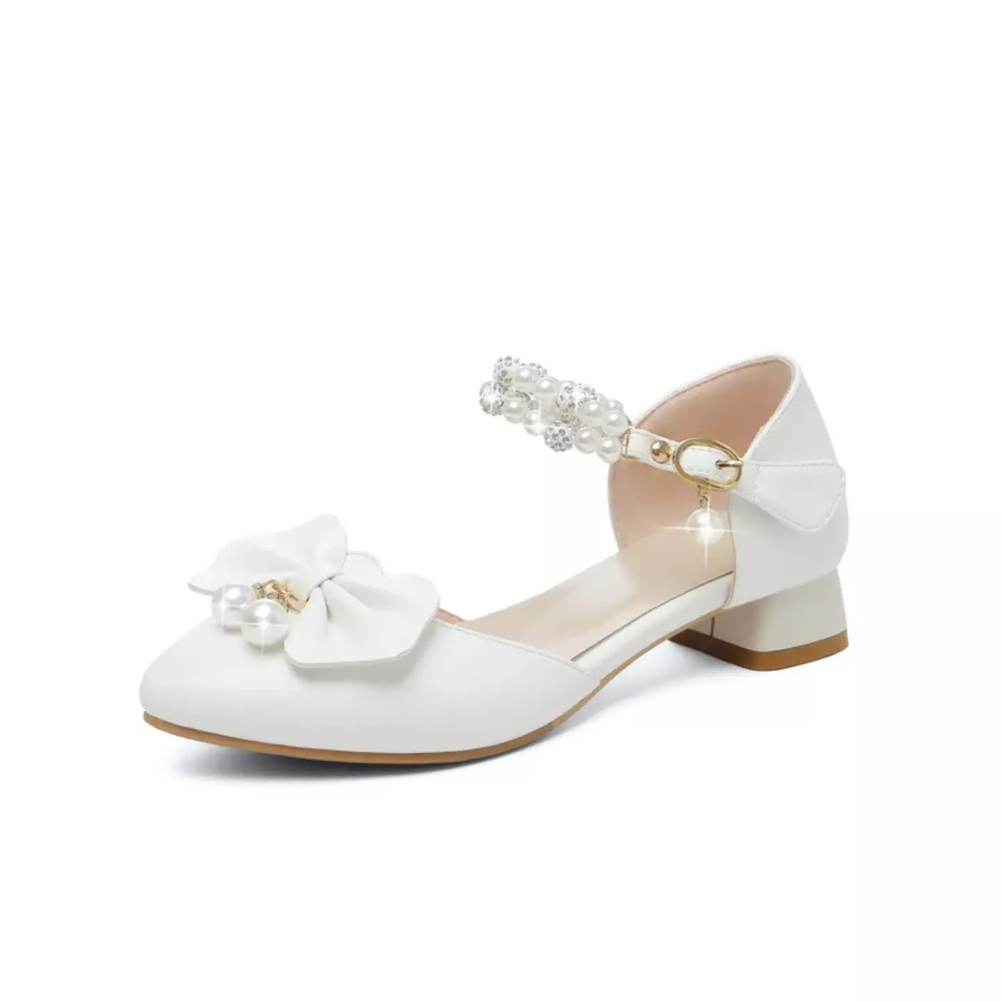 Young Girls & Girls White Double Row Pearl Strap Bow Dress Shoes | Lucys 12285