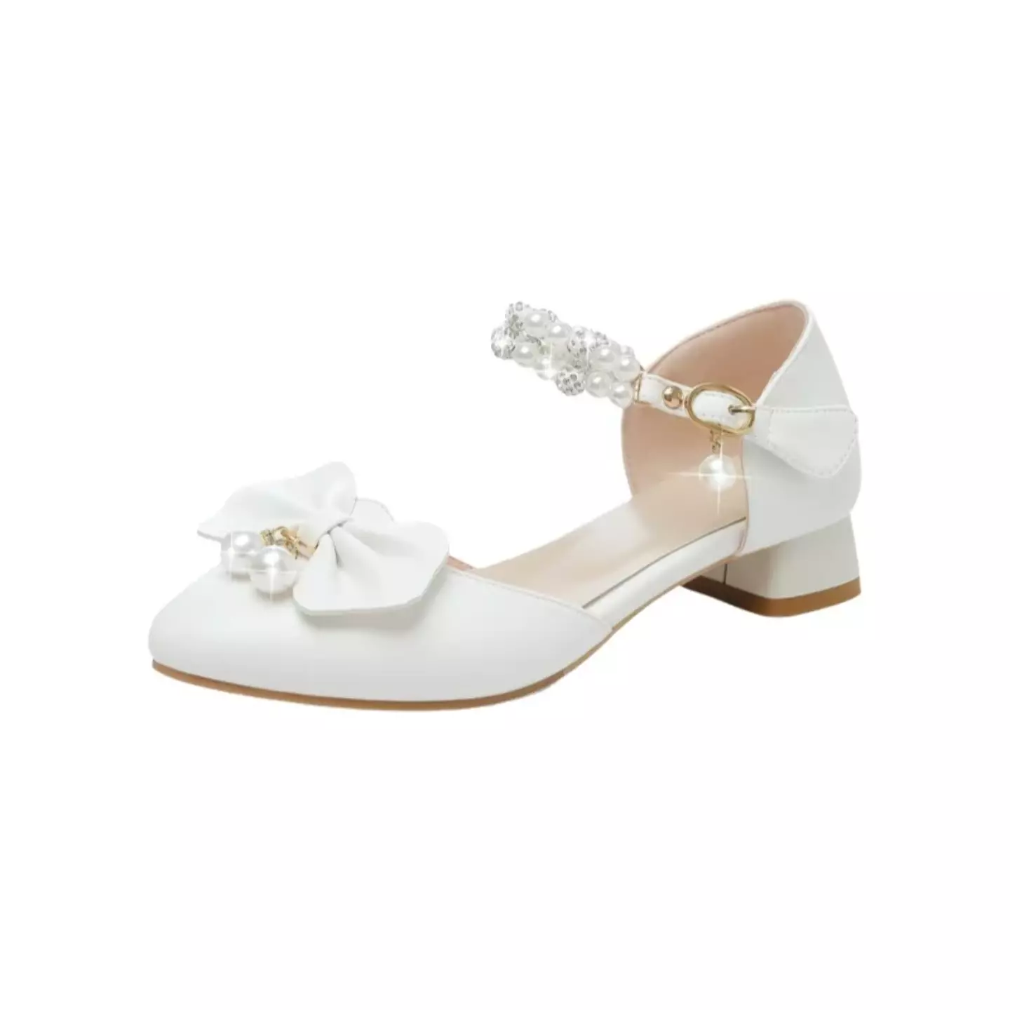 Young Girls & Girls White Double Row Pearl Strap Bow Dress Shoes | Lucys 12285