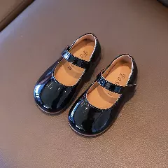 Young Girls & Girls Black Rounded Toe Tab Strap Dress Shoes | Lucys 12322