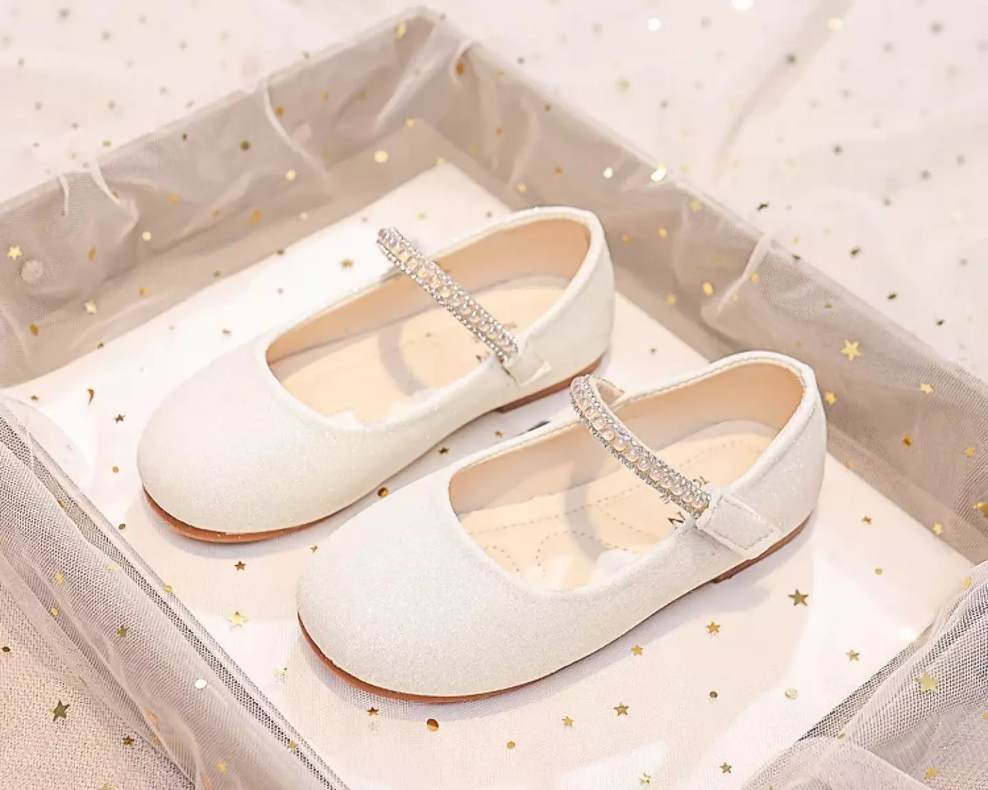 Young Girls & Girls Ivory Gem Border Glitter Instep Strap Dress Shoes | Lucys 12332