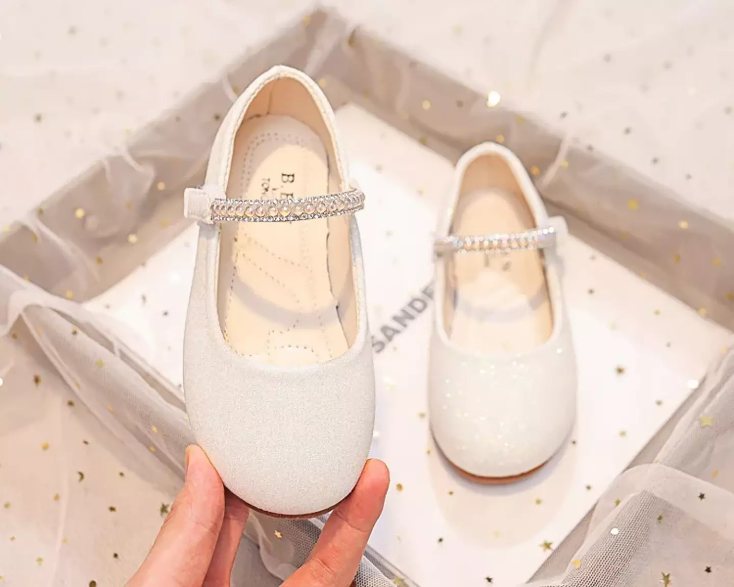 Young Girls & Girls Ivory Gem Border Glitter Instep Strap Dress Shoes | Lucys 12332
