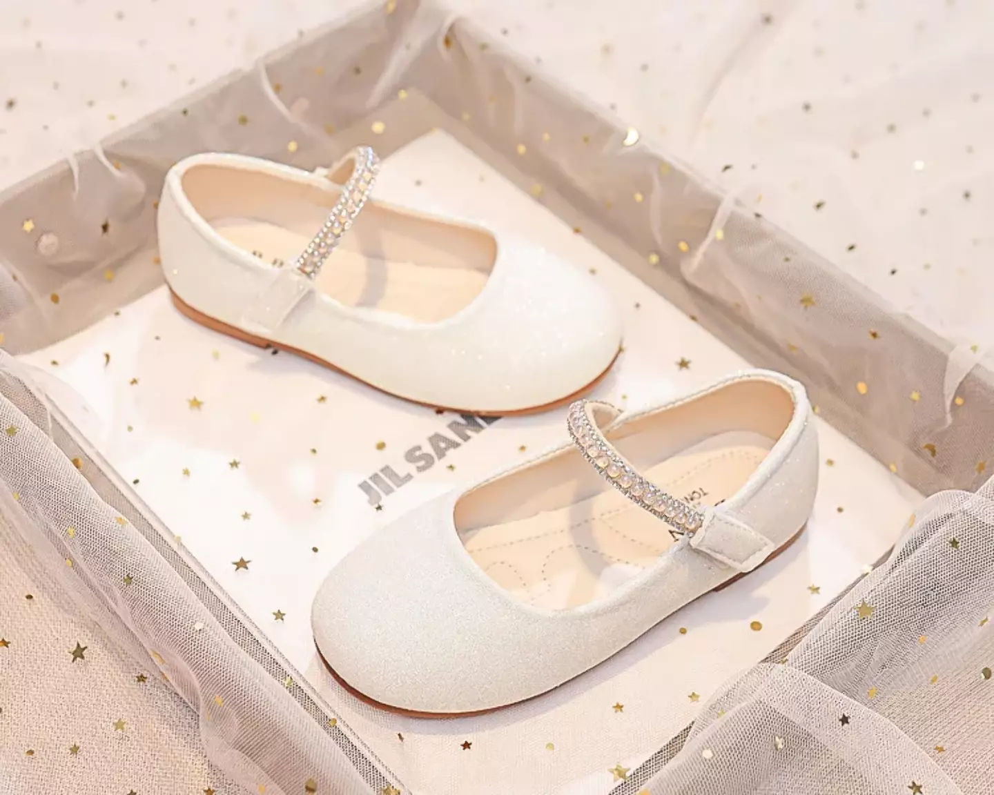 Young Girls & Girls Ivory Gem Border Glitter Instep Strap Dress Shoes | Lucys 12332