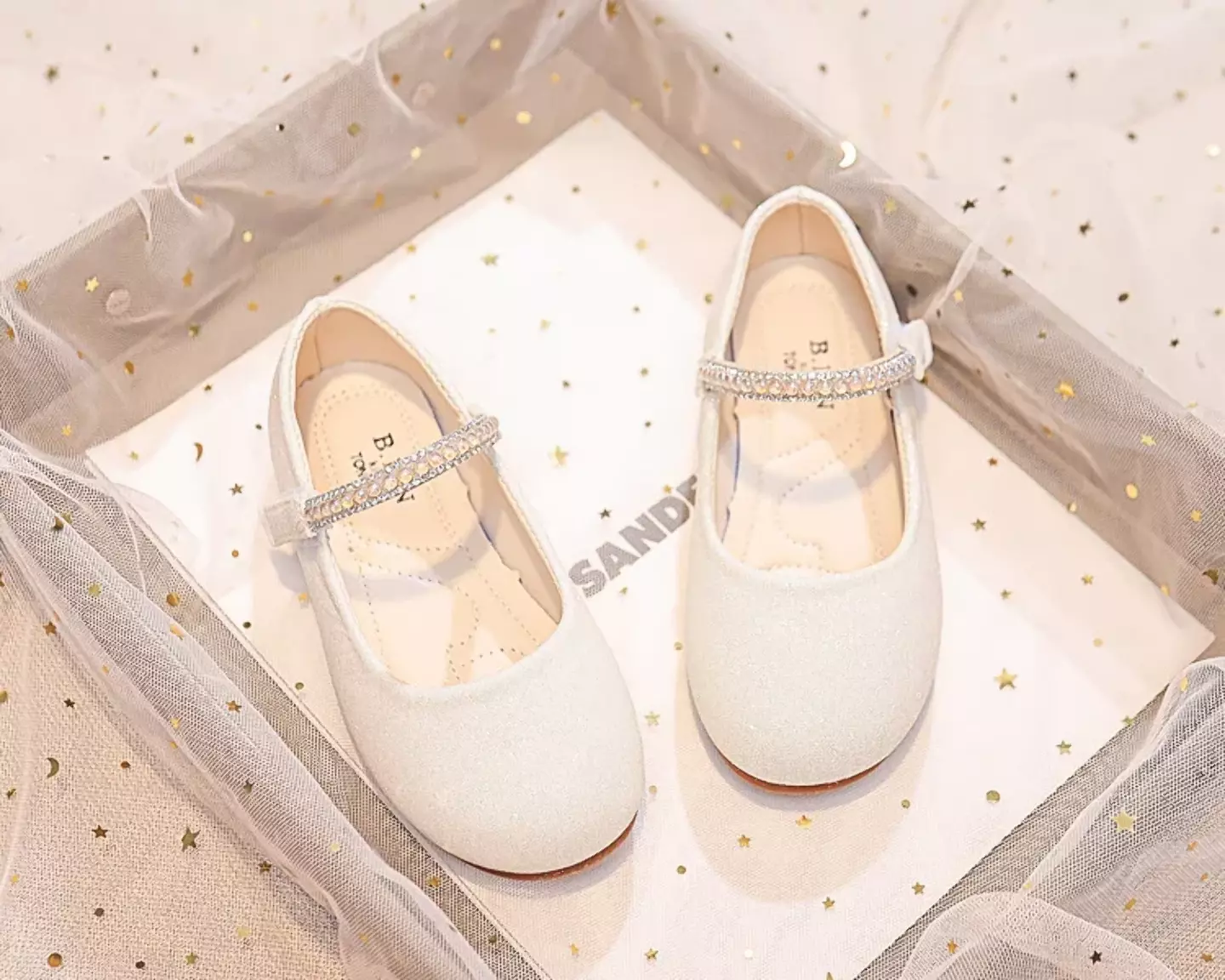 Young Girls & Girls Ivory Gem Border Glitter Instep Strap Dress Shoes | Lucys 12332
