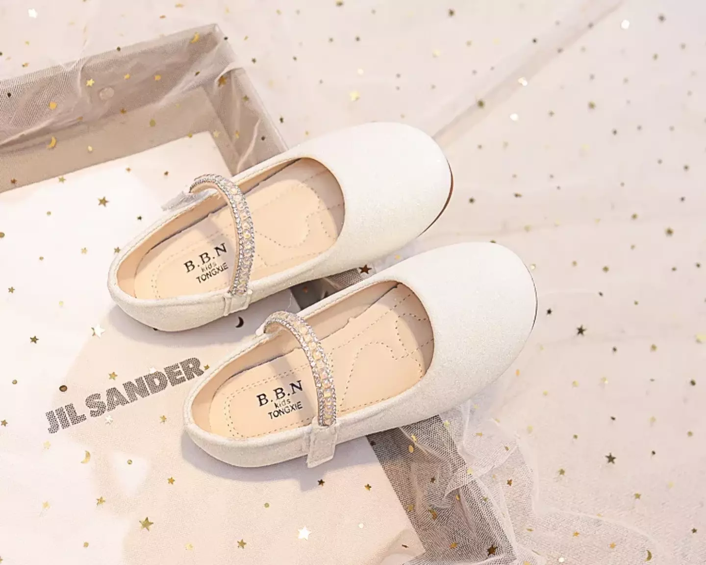 Young Girls & Girls Ivory Gem Border Glitter Instep Strap Dress Shoes | Lucys 12332