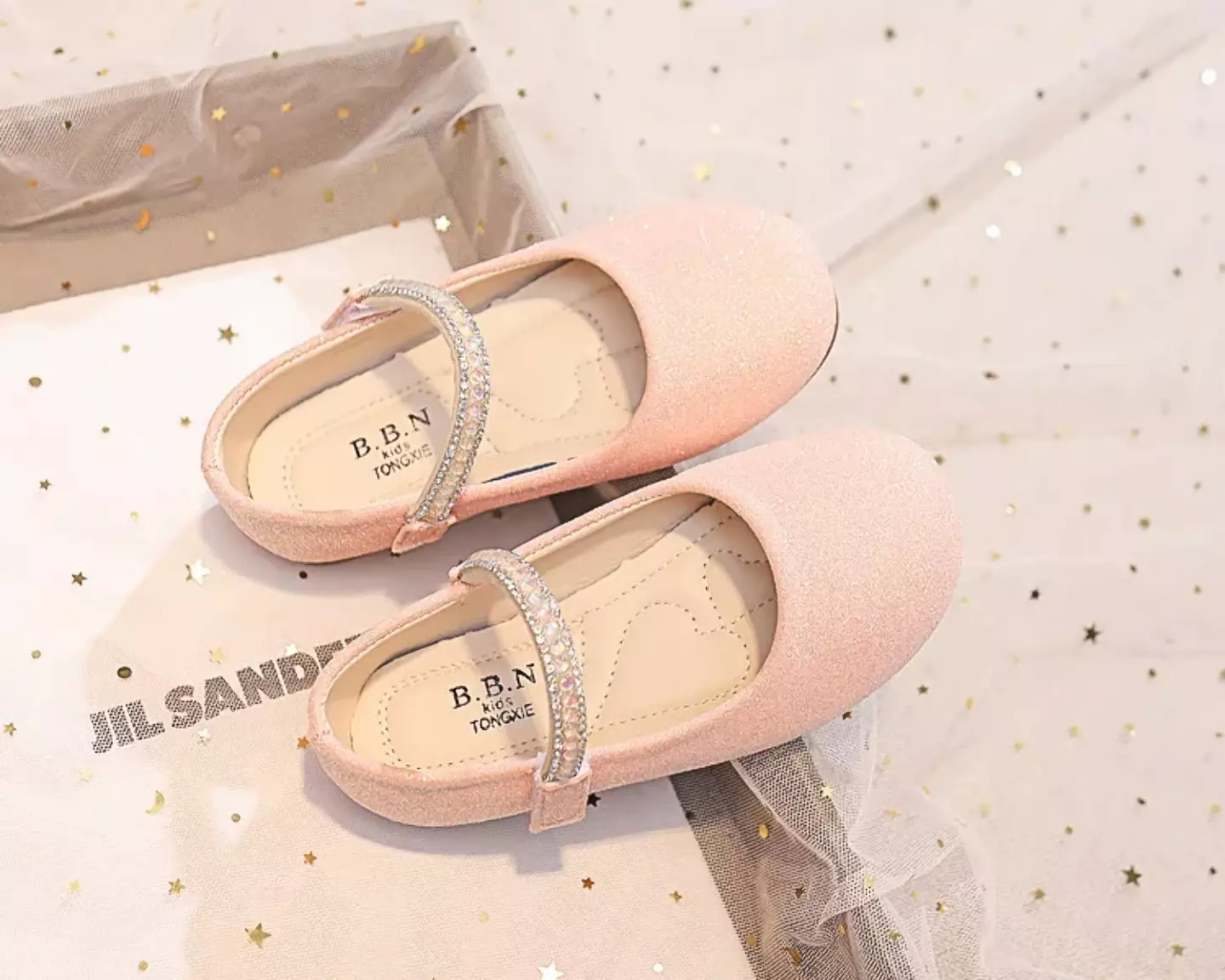 Young Girls & Girls Peach Pink Gem Border Glitter Instep Strap Dress Shoes | Lucys 12333